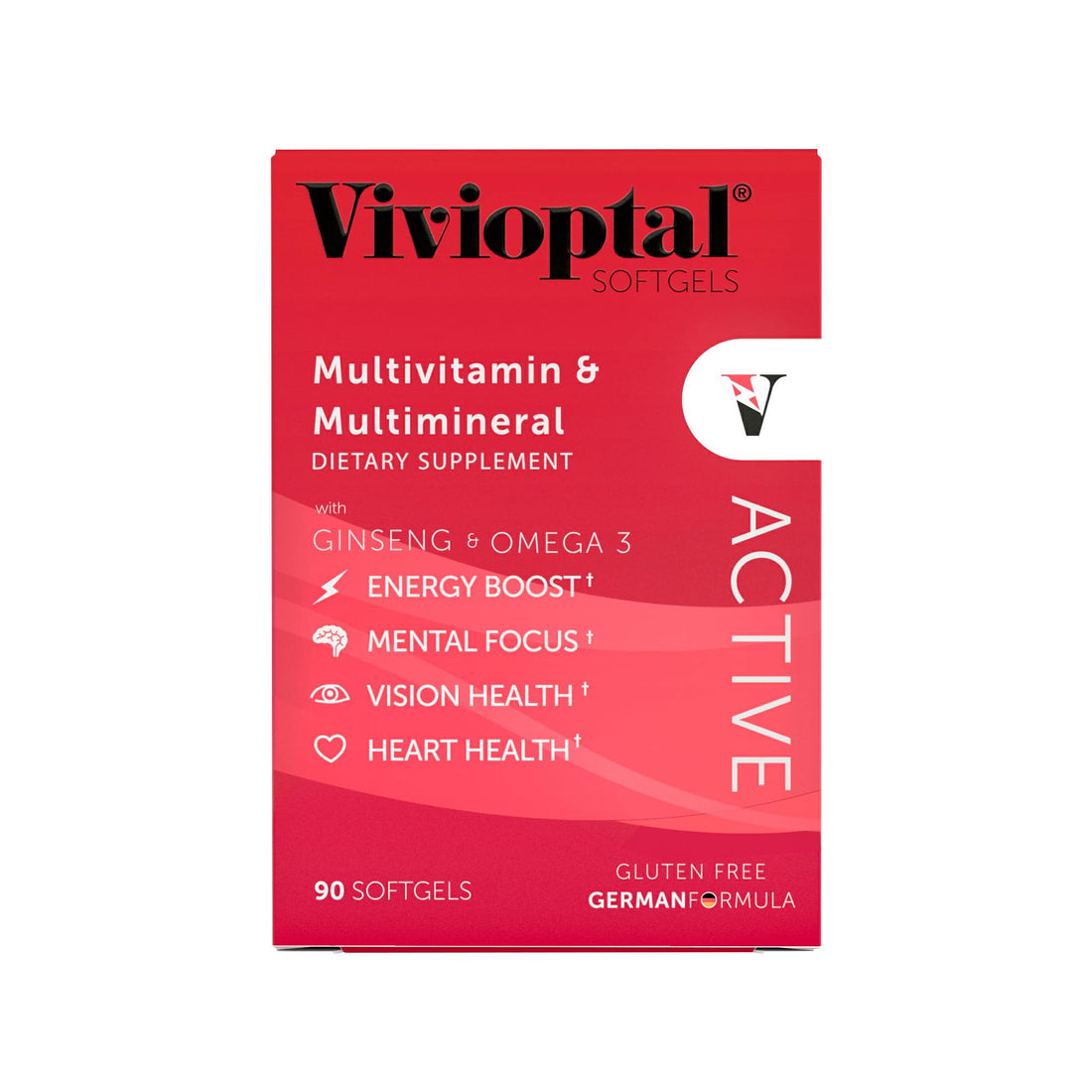 Vivioptal Active, 90 Softgels, Ginseng & Omega 3, Multivitamin & Multimineral, Gluten Free, German Formula