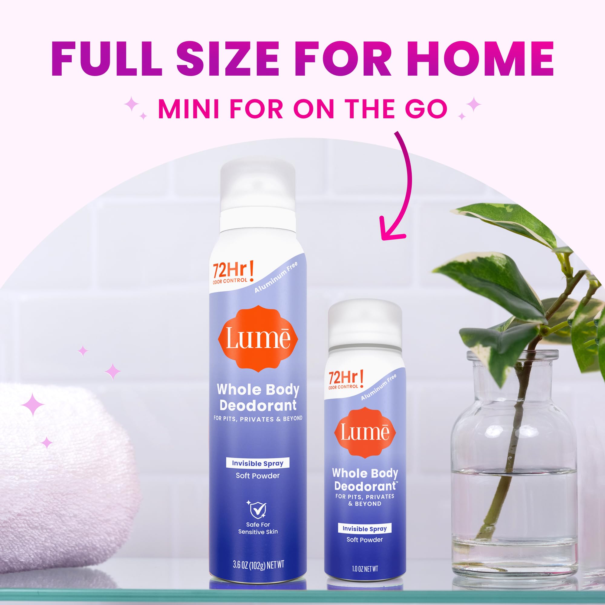 Lume Invisible Spray Deodorant For Women - Deodorant Spray + Mini Bundle - 72 Hr Odor Control - Ozone Friendly - Aluminum & Baking Soda Free, Skin Loving - 3.6 ounce + 1.0 ounce Mini (Soft Powder)
