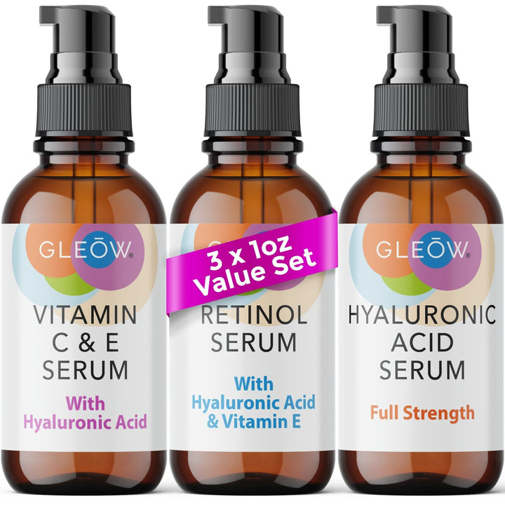 GLEOW Retinol Serum for Face, Vitamin C with Hyaluronic Acid Face Serum for Women and Men, Glow Skin Care Set Targets Appearance of Uneven Skin Tone and Dryness 3x1oz