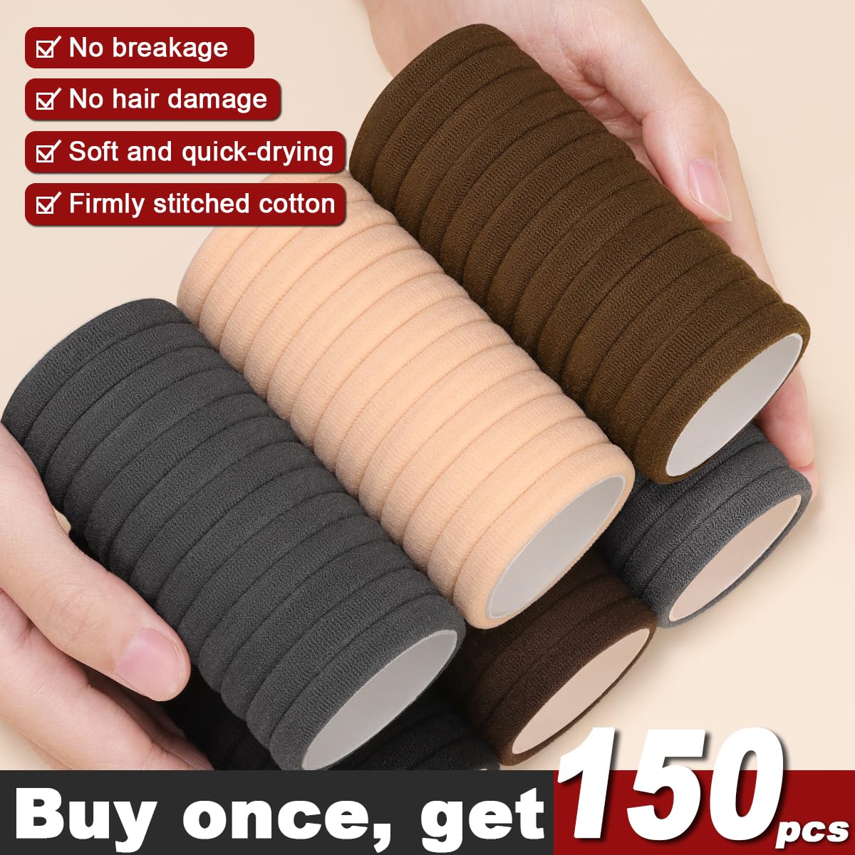 IKOCO 150PCS Hair Ties No Damage for Women, Ouchless Cotton Hair Ties for Thick Hair, Multicolor