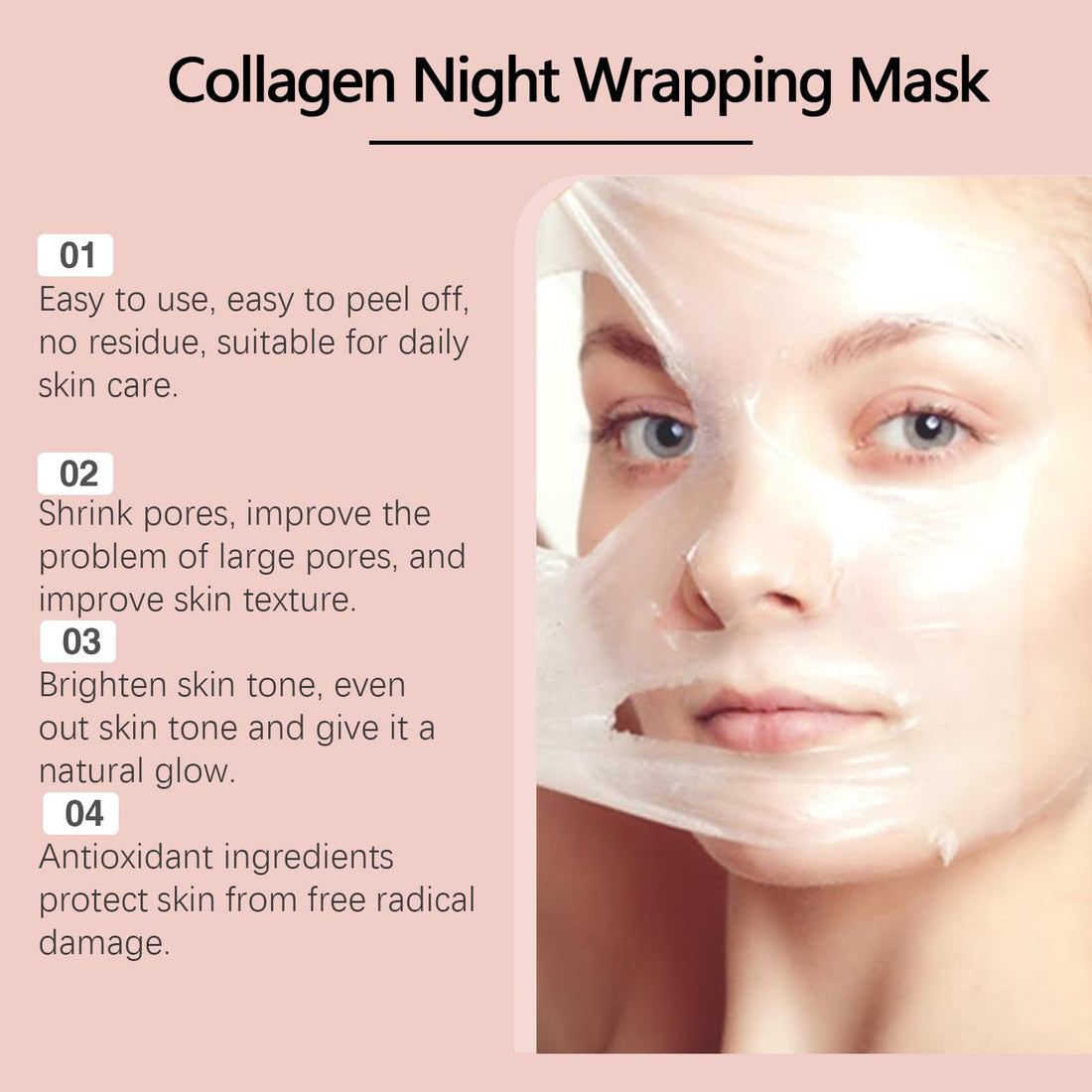 MUOCOBU Collagen Overnight Wrapping Peel Off Face Mask Collagen Face Mask Overnight-Deep Hydration Care, Reduce Sagging & Dullness for Glowing Skin 2.65 fl.oz, Brush Included (PINK)