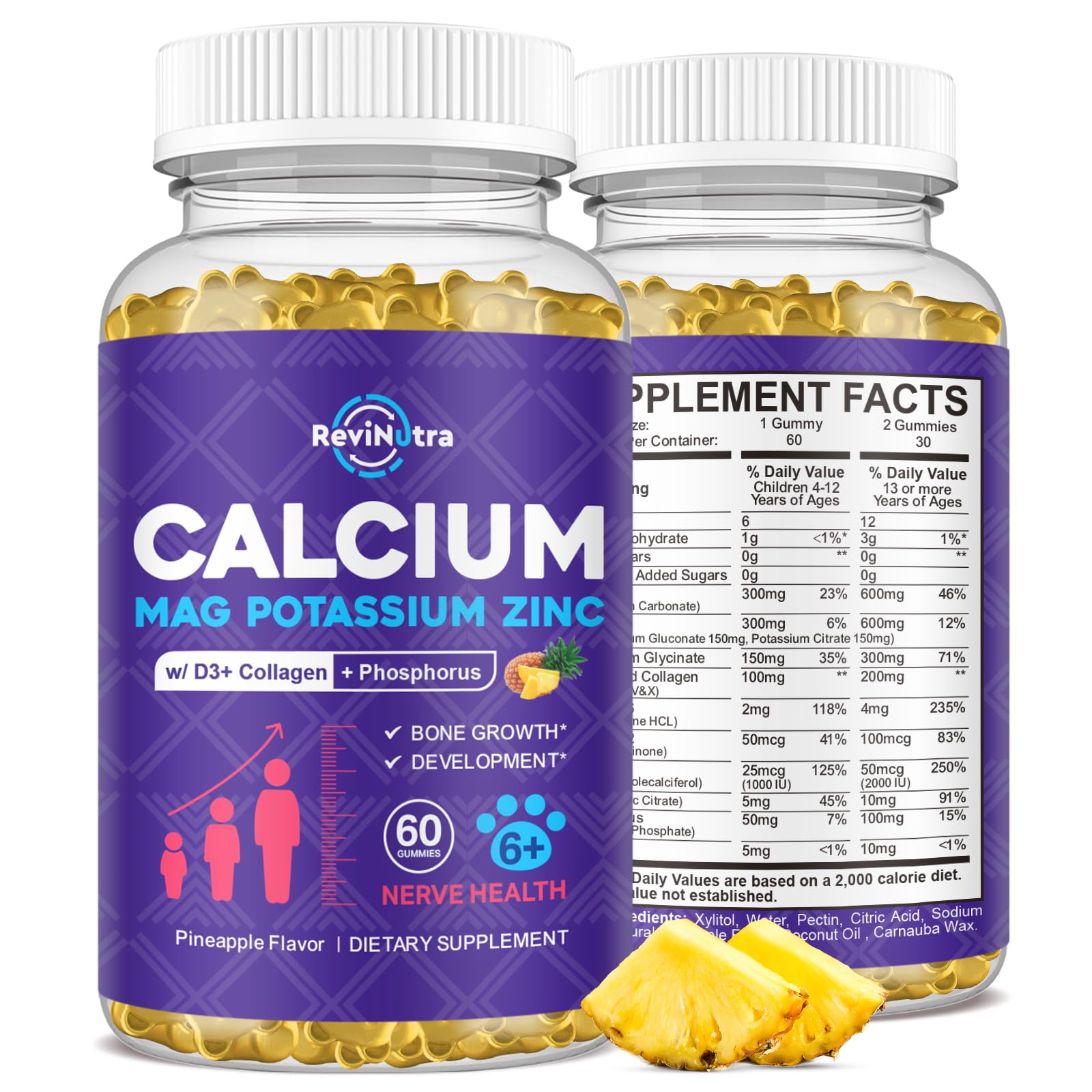 Calcium Potassium Magnesium Gummies for Kids & Adults, with Hydrolyzed Collagen, Zinc, Phosphorus, Multivitamin for Sleep, Bone Strength, Density Support, Sugar Free, Pineapple Flavor, 60 Gummies