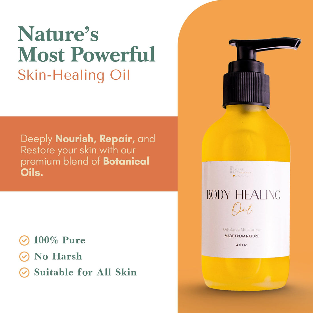 Healing Happy Method - Glow Up All Natural Organic Body Oil – Deeply Nourishing Skin Care with Pure Plant-Based Ingredients for Radiant, Healthy Skin – 4 oz