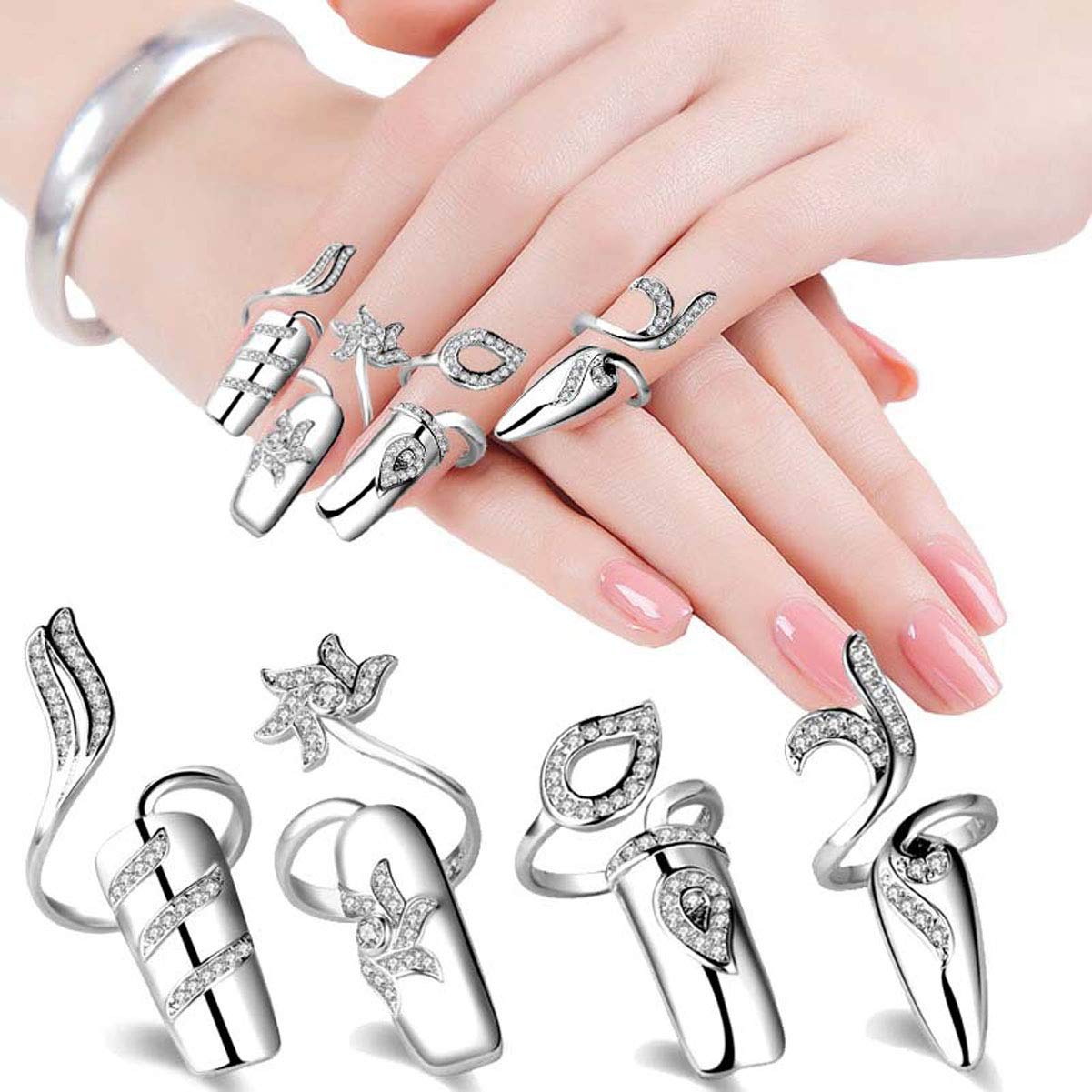 4 Pcs Fashion Rhinestone Crystal Nail Ring Manicure Fingertip Charm Finger Decoration Jewelry Accessories for Women