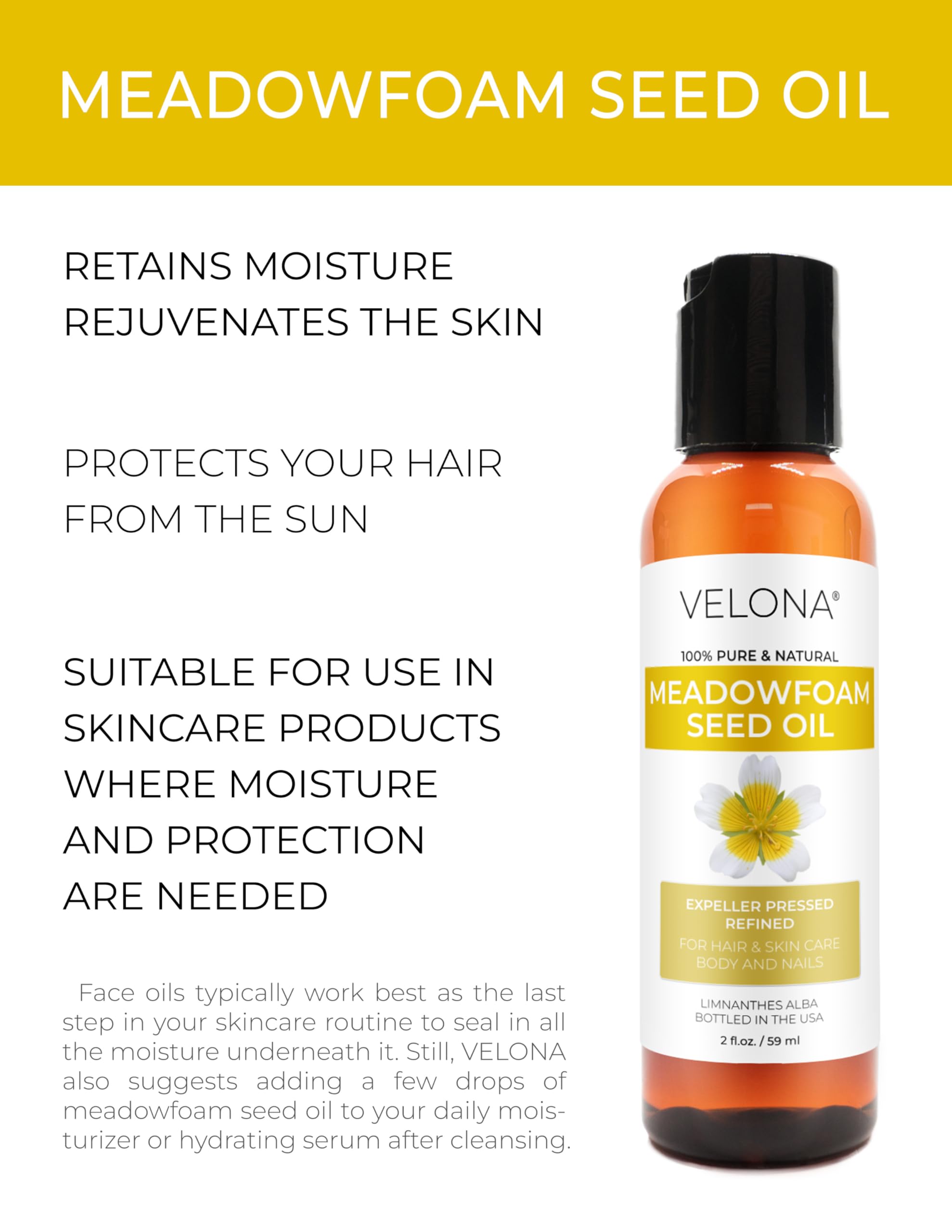 velona Meadowfoam Seed Oill 2 Fl Oz | 100% Pure and Natural Carrier Oil | Refined, Cold pressed | Cooking, Skin, Hair, Body & Face Moisturizing | Use Today - Enjoy Results