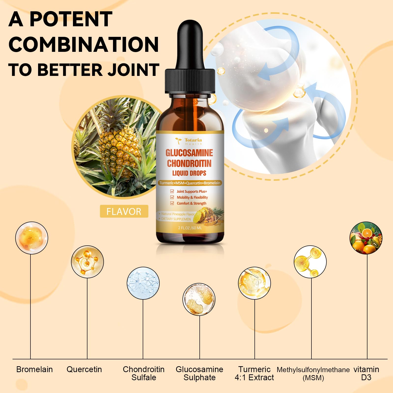 Glucosamine Chondroitin MSM Liquid Drops - FSA HSA Eligible Items List Chondroitin Sulfate Supplement Turmeric, Quercetin, Bromelain, MSM Oil Support Joint Health Vegan Supplements