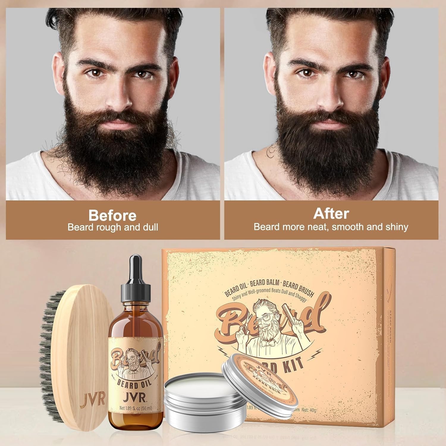 Beard Grooming Kit Gift for Men, Beard Care Kit with Beard Oil Refreshing Lemon Scent, Beard Balm Coconut Scent, Natural Boar Bristle Beard Brush, Smoothing Beard, Moisture & Adds Shine & Styling