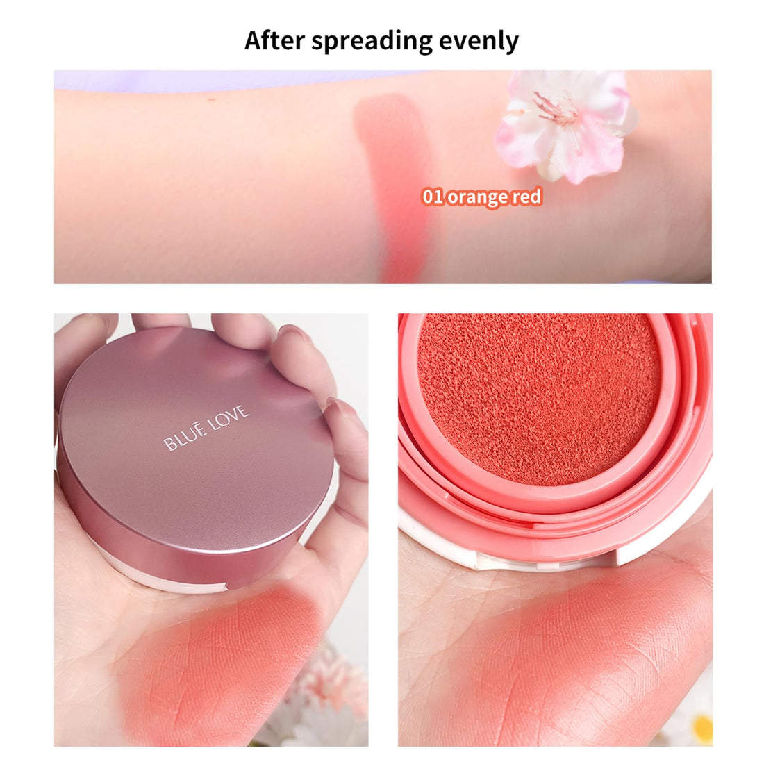 BLUE LOVE Cushion Liquid Blush - Silky Cheek Tint with Built-in Mirror, Natural Radiant Finish, Effortlessly Contours & Highlights for Elegant Look (01# Pink Orange)