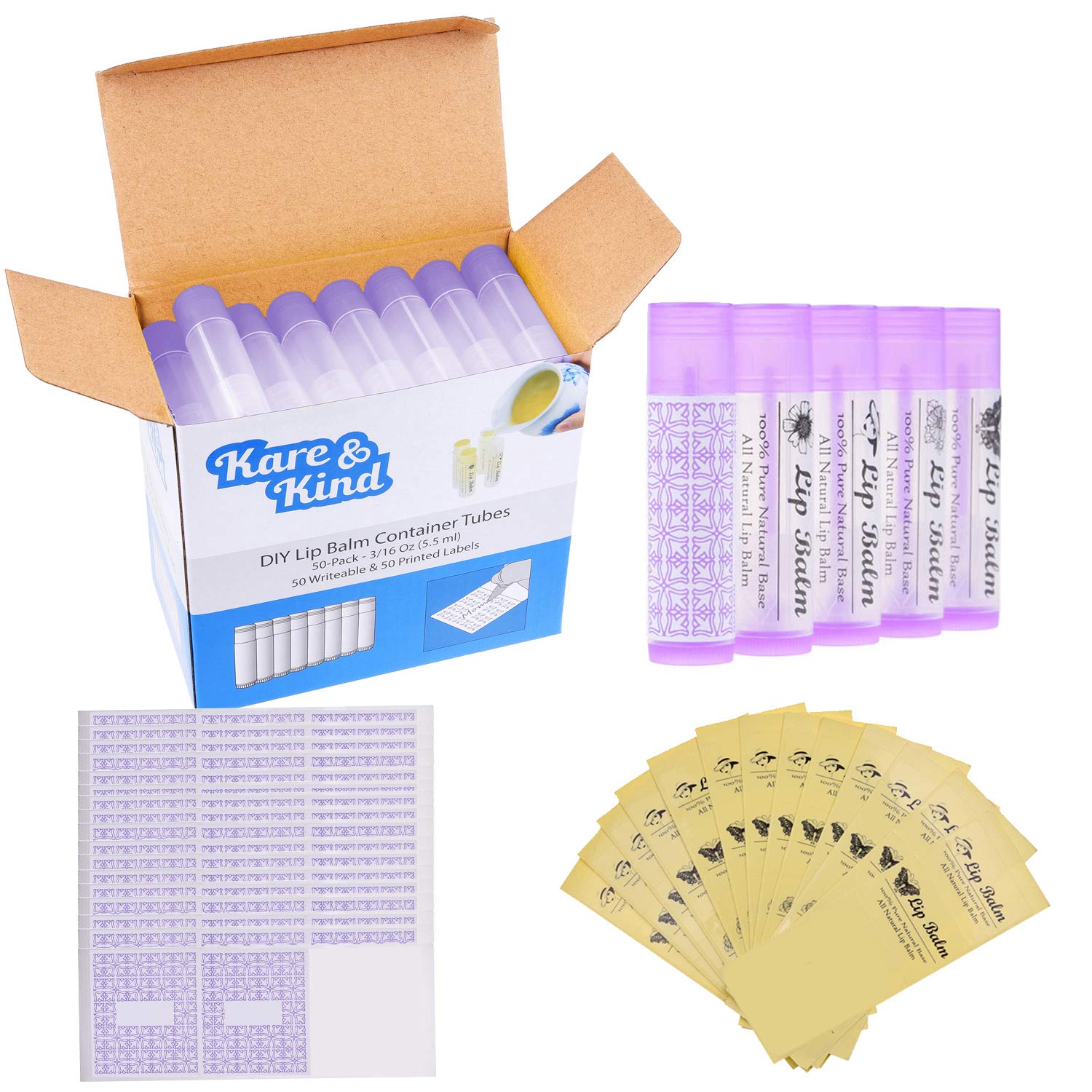 Lip Balm Container Tubes - 50-Pack - DIY - Purple - 3/16 Oz (5.5 ml) - Including 50 Writeable (Purple) & 50 Printed Lip Balm Stickers - Twist Mechanism and a Cap - Empty - Make Natural Lip Balm