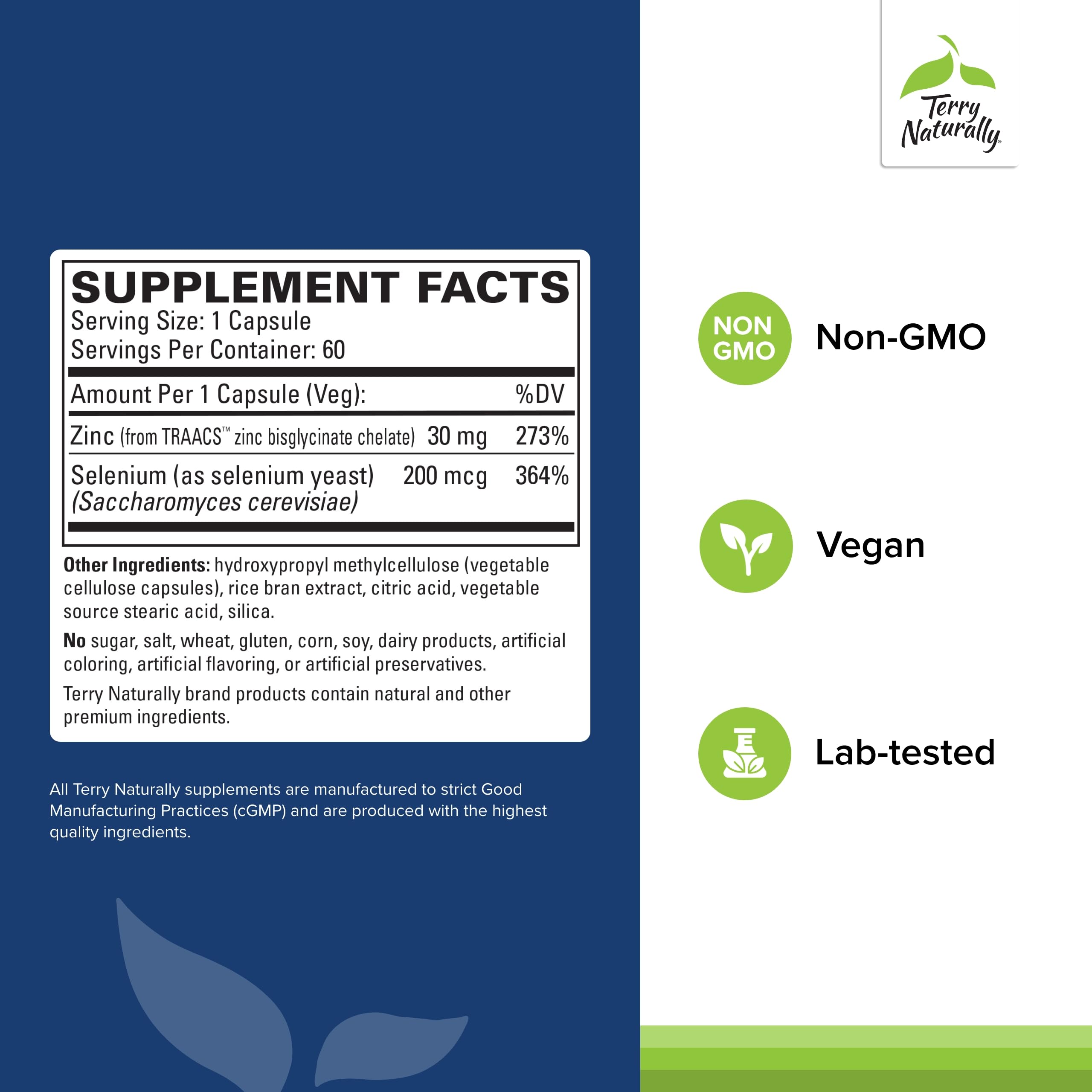 Terry Naturally Zinc Plus Selenium - 60 Capsules - Immune Support, Respiratory Function, Cellular Protection - Non-GMO, Vegan - 60 Servings