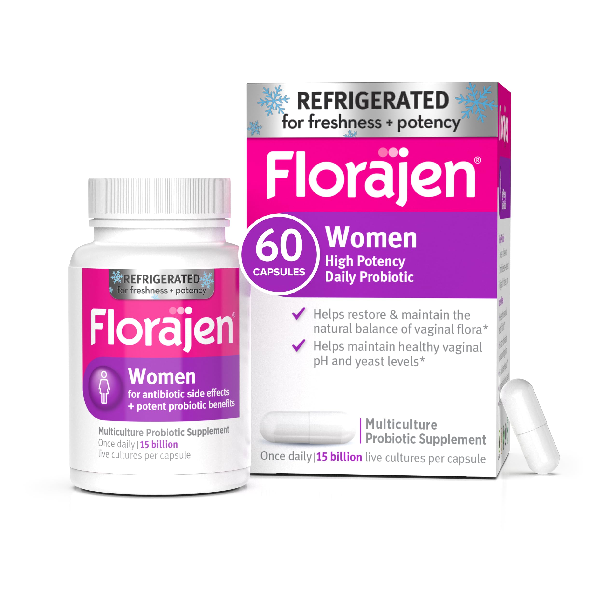 Florajen Women's Vaginal Probiotics, Provides Gut Health & Constipation Relief For Adults And Bloating Relief For Women, 60 Capsules (2 Packs of 30) (Refrigerated)