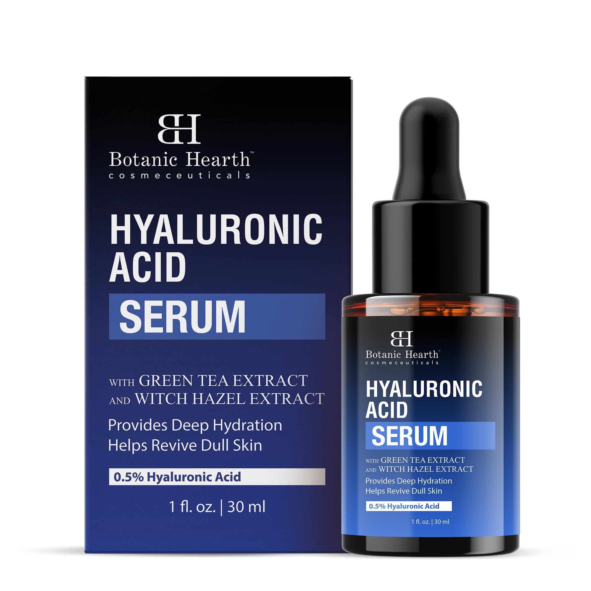 Botanic Hearth 0.5% Hyaluronic Acid Serum for Face with 2% Niacinamide, Witch Hazel & Green Tea Extracts | Hydrating & Moisturizing | Helps Reduce Wrinkles & Fine Lines | All Skin Types | 1fl oz
