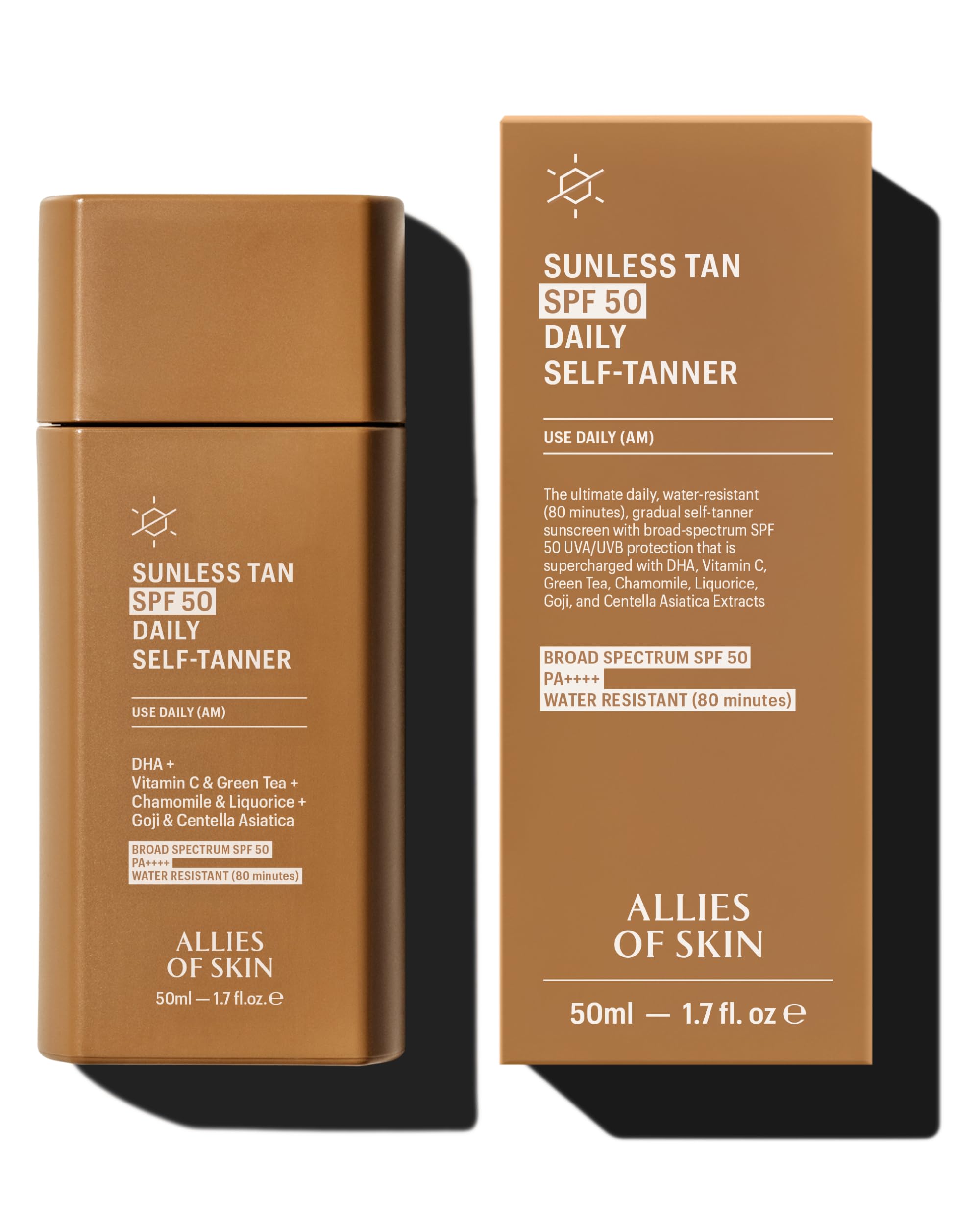 Allies of Skin Daily SPF 50 Daily Self Tanner for Face | Buildable Natural Tan with Sunscreen and Vitamin C | Lightweight Gel Formula for Streak-Free Finish and Glow (1.7 Fl oz)