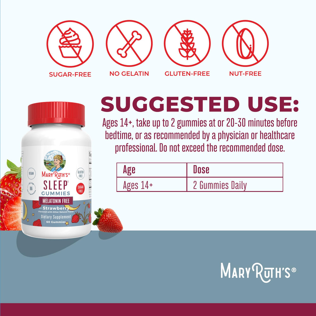 MaryRuth Organics Sleep Gummies | Sugar Free | NO Melatonin | L Theanine | Lemon Balm Leaf | Chamomile | Vitamin B6 | Relaxation & Sleep Support | Stress Relief | Vegan | Gluten Free | 60 Count