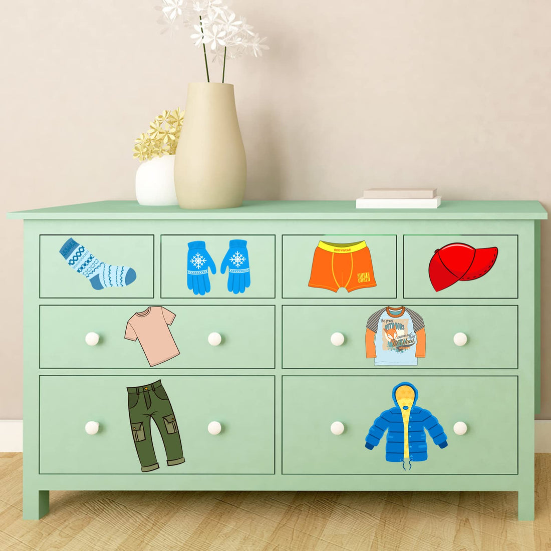 Chinco 32 Count Dresser Clothing Decals 4 Sheets Wardrobe Stickers Dresser Labels for Kids Decals Kid Clothes Labels Drawer Wall Stickers Bedroom Home Decor (Boy Style)