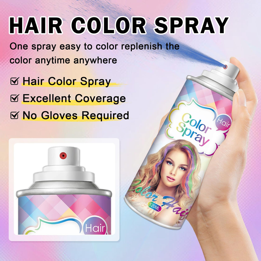 DAMUSI Gray Hair Spray Color Temporary, One-time Use Washable Temporary Hair Dye Spray for Women Kids, 120ML (Gray)