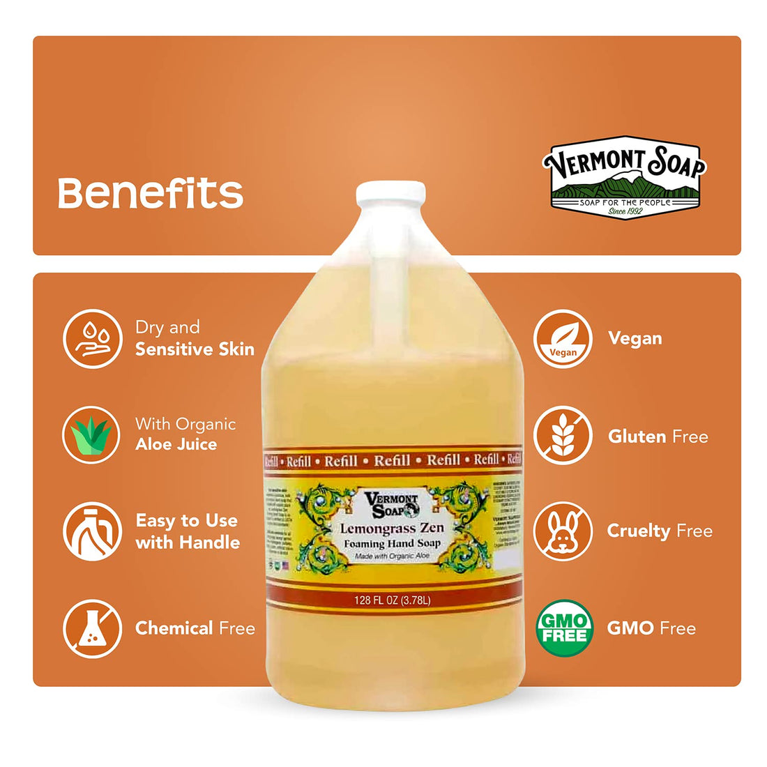 VERMONT SOAP Organics Foaming Hand Soap, Liquid Soap with Pre-diluted Formula - Ready to Use Lemongrass Hand Soap With Convenient and Economical Gallon Refill Size