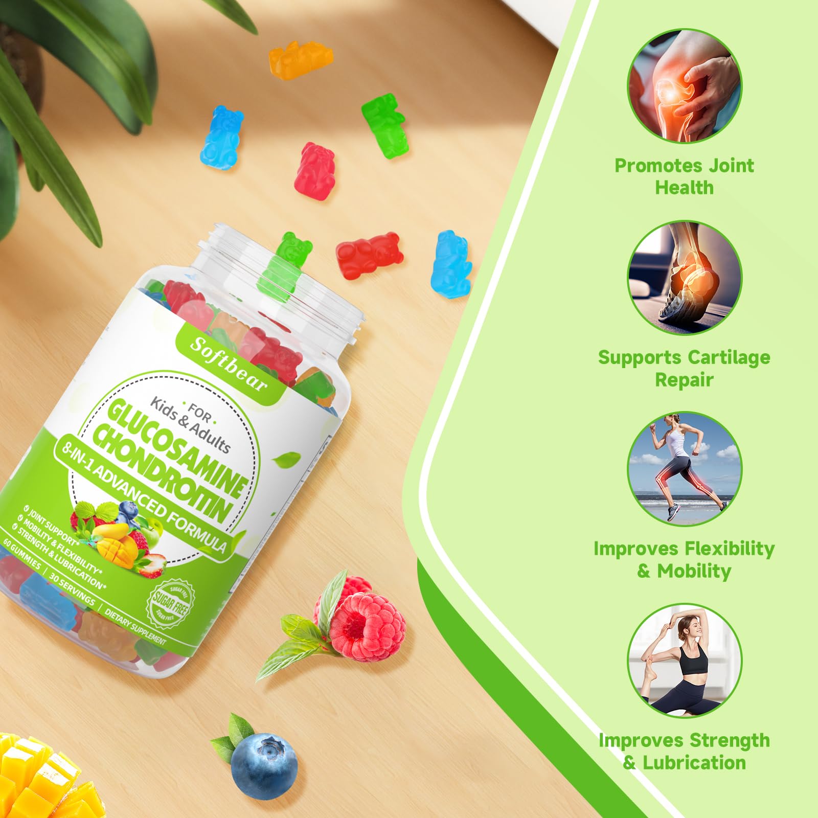 softbear Glucosamine Chondroitin Gummies with MSM Triple Strength, Organic Vegan Chondroitin & Glucosamine Nutritional Supplements for Joint Support Mixed Fruit Flavor 60 Gummies