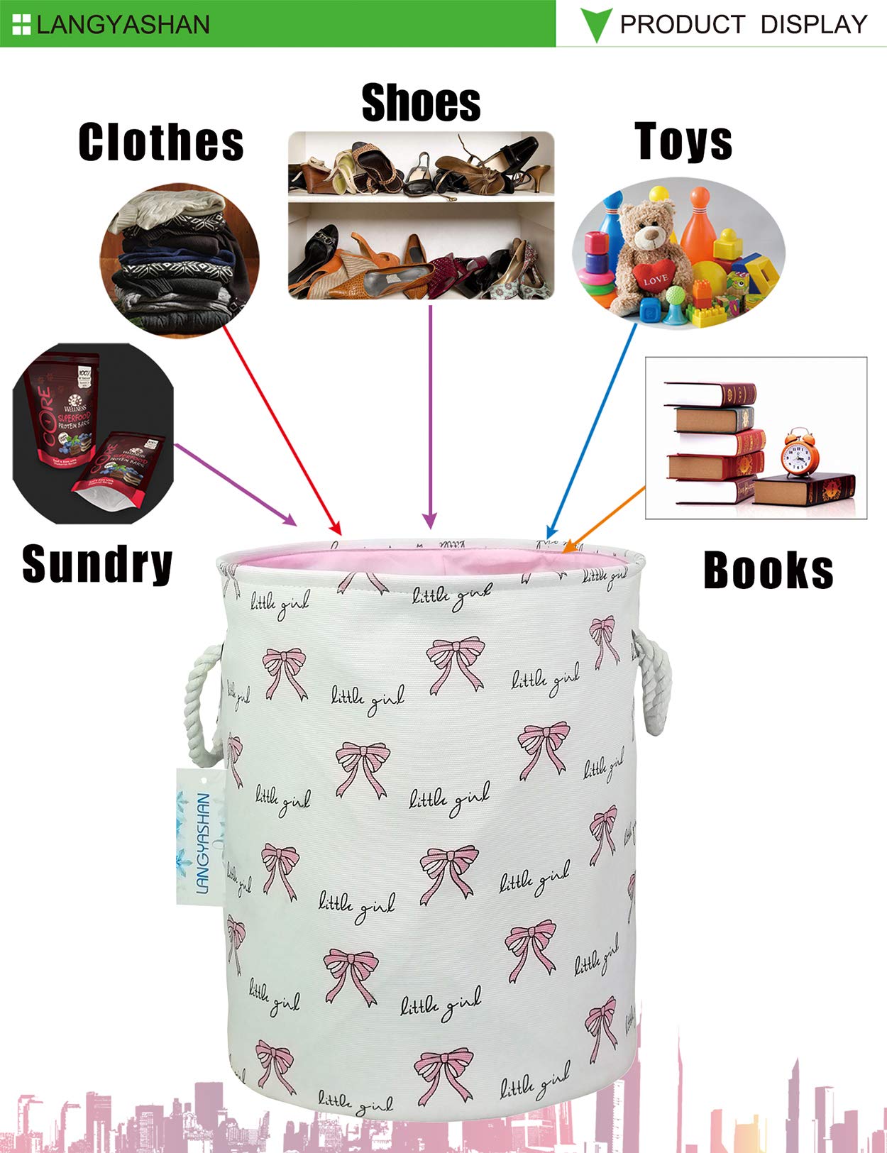 LANGYASHAN Laundry Basket Canvas Collapsible Organizer Storage Basket for Boys Girls Laundry Hamper Toy Bins Gift Baskets Bedroom Clothes Children Nursery (Bowknot)