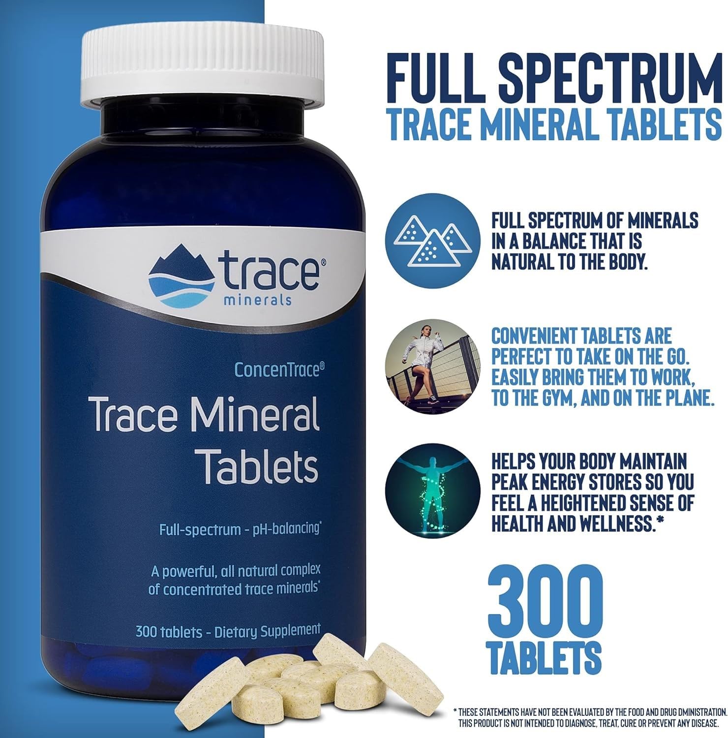 Trace Minerals ConcenTrace Trace Mineral Tablets - Supplement for Bone & Joint Support - Aids Hydration & Electrolyte Restoration - 300 Tablets (100 Servings)