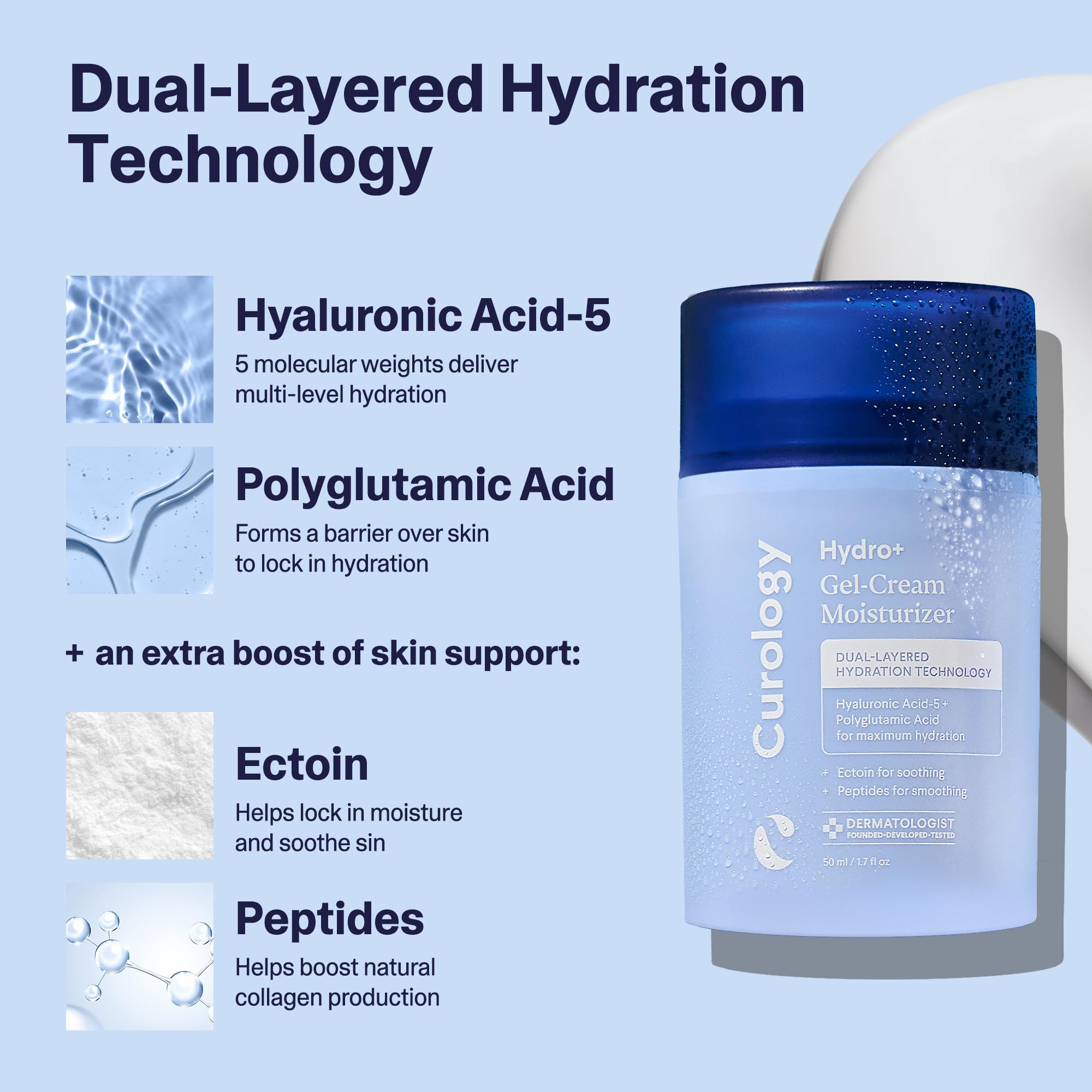 Curology Hydro+ Gel Cream Moisturizer, Lightweight Face Lotion, Hydrating Hyaluronic Acid-5 Complex, Sensitive Skin Care, Fragrance Free, 1.7 fl oz