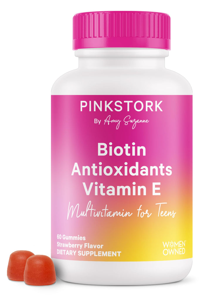 Pink Stork Biotin, Antioxidants, Vitamin E Multivitamin for Teens - Clinically Studied Vitamins + Nutrients for Teens - Beautiful Hair, Radiant Skin, Strong Nails, + Immune Support - 60 Berry Gummies