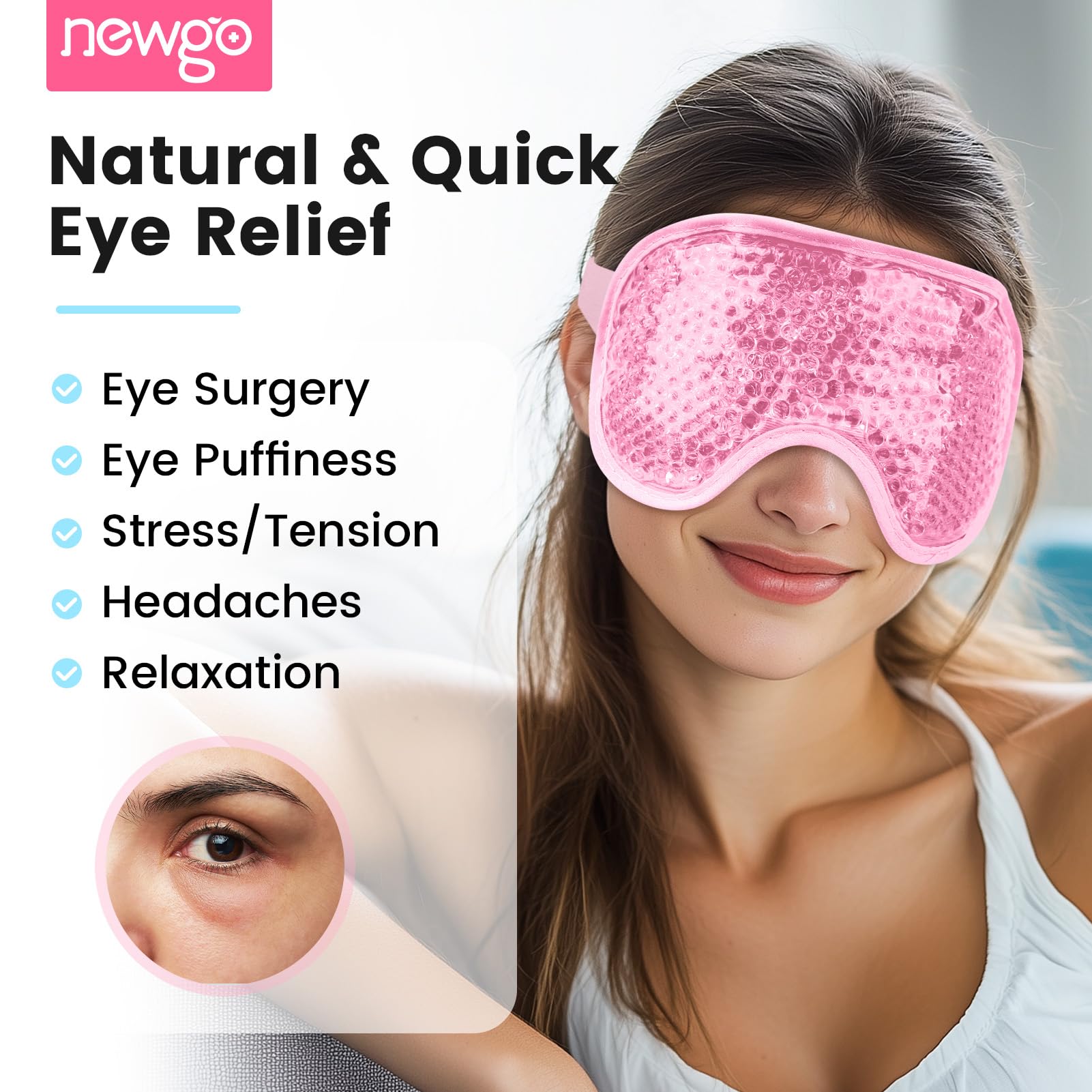 NEWGO Cooling Eye Mask for Puffy Eyes, Cold Eye Mask Eye Ice Pack for After Eyes Surgery, Tension Stress Relief, Itchy Eyes, Headaches, Dark Circles - Blue (Pink-2Pack)