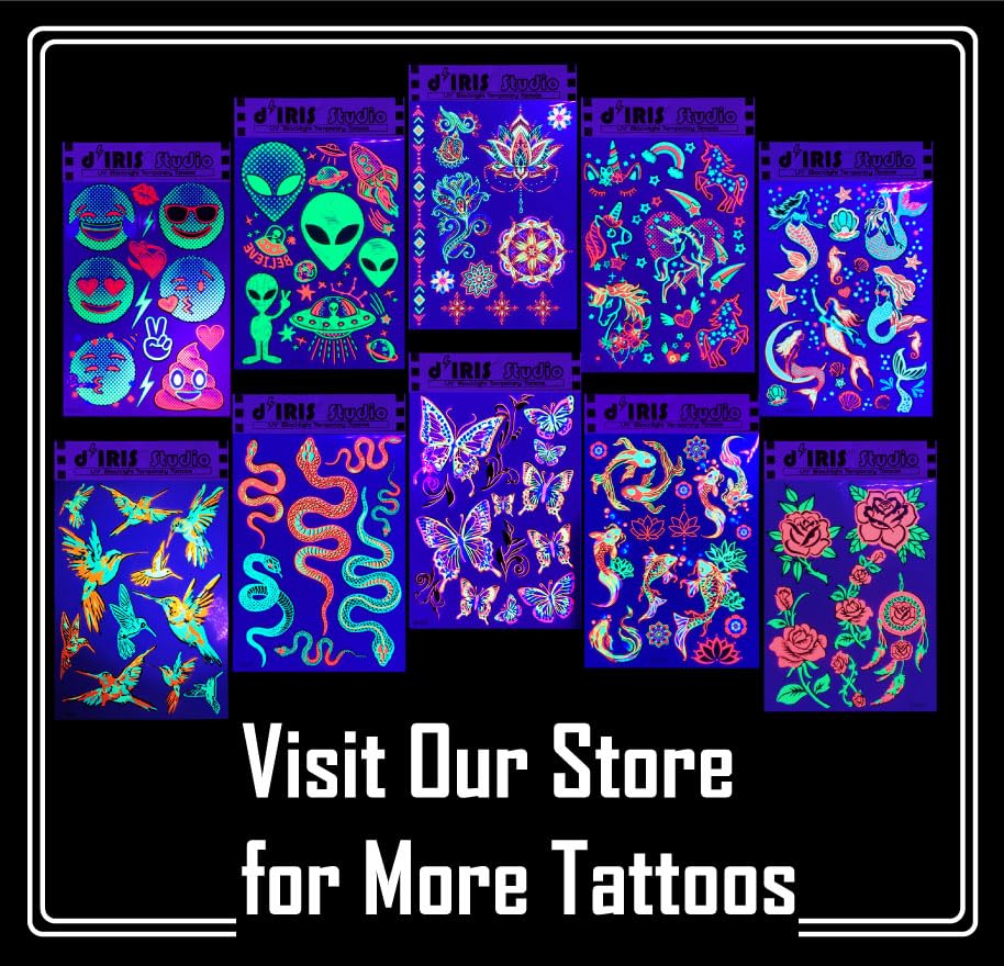 d'IRIS Studio Uv Blacklight Rave Tattoo Temporary-Neon Temp Reactive Fluorescent Toy Game Stickers Makeup Glow In Dark Luminous Skull Party Nightclub Electric Dance Music Festival Edm Concert Un