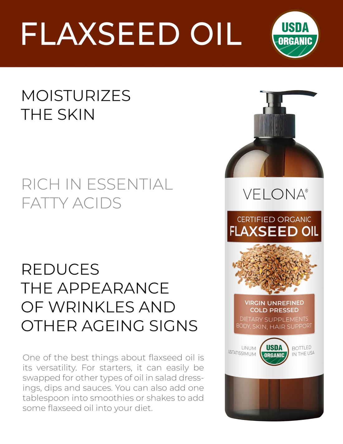 velona USDA Certified Organic Flaxseed Oil - 8 fl oz | 100% Pure and Natural Carrier Oil | Unrefined, Cold Pressed | Hair Growth, Body, Face & Skin Care | Use Today - Enjoy Results…