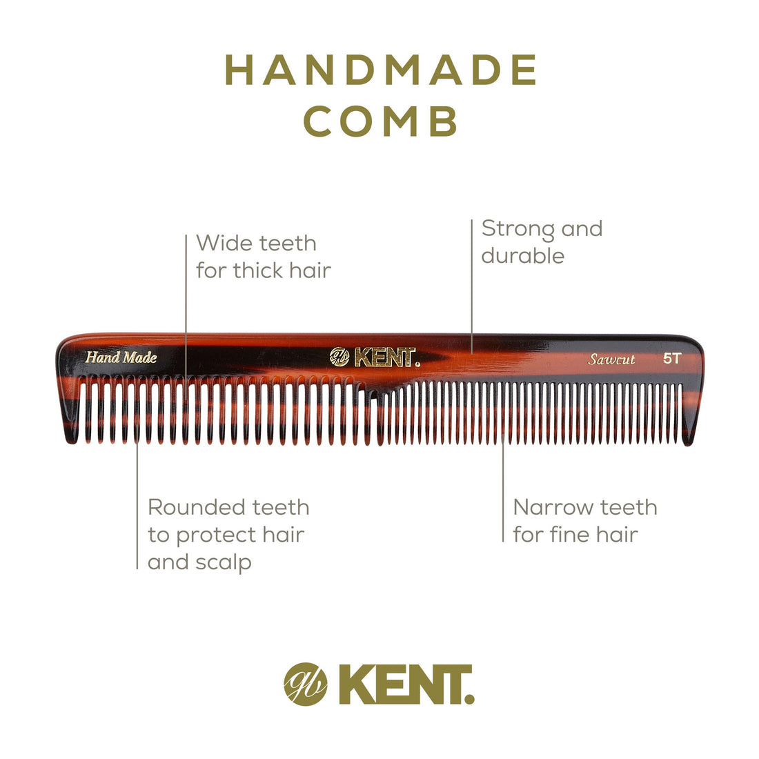 Kent 5T 6.5 175 mm The Hand Made Coarse/Fine Toothed Comb for Men. Sawcut (2 PACK)
