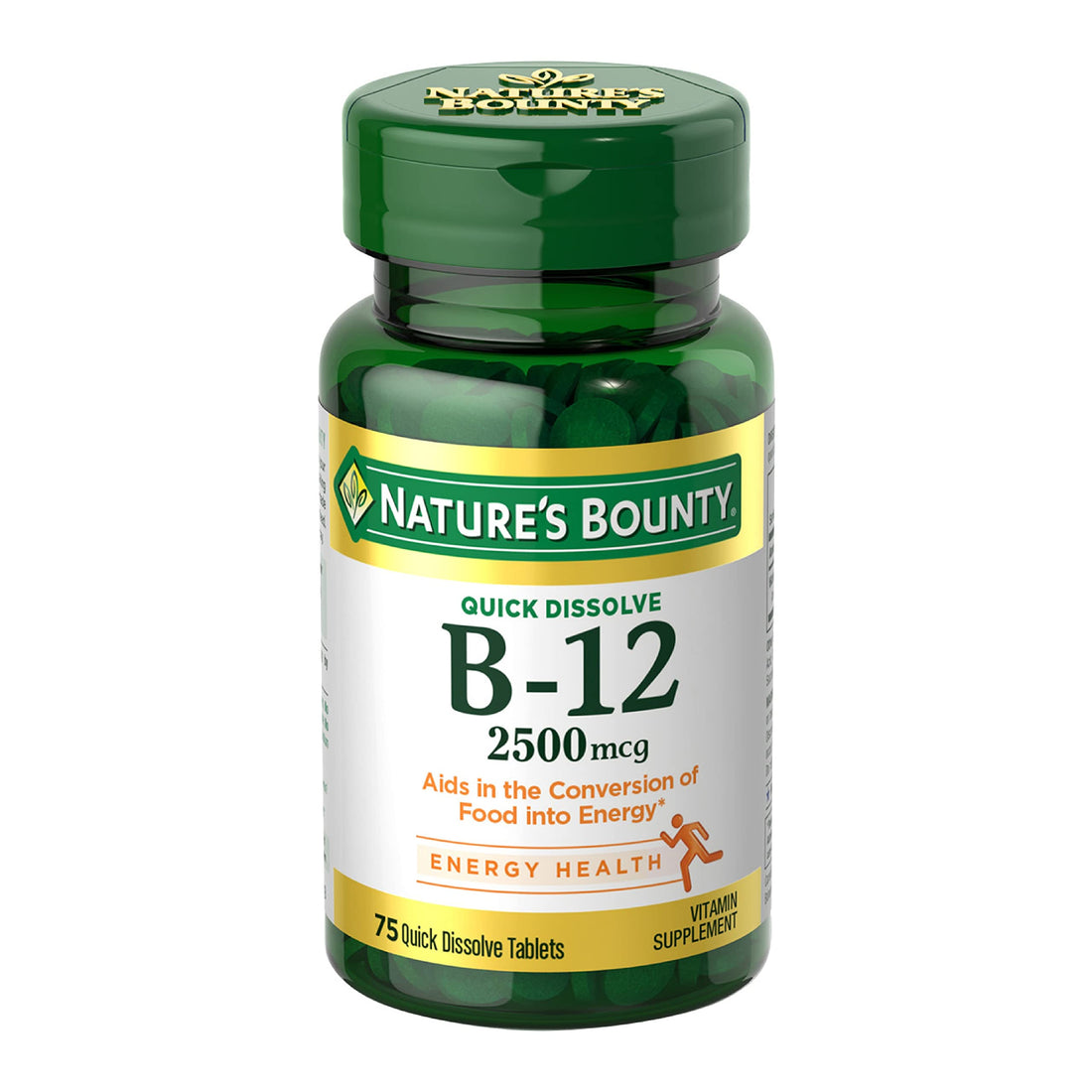 Nature’s Bounty Vitamin B12 2500 mcg, Cellular Energy Support, for Energy Metabolism, Heart & Nervous System Health, 75 Quick Dissolve Tablets