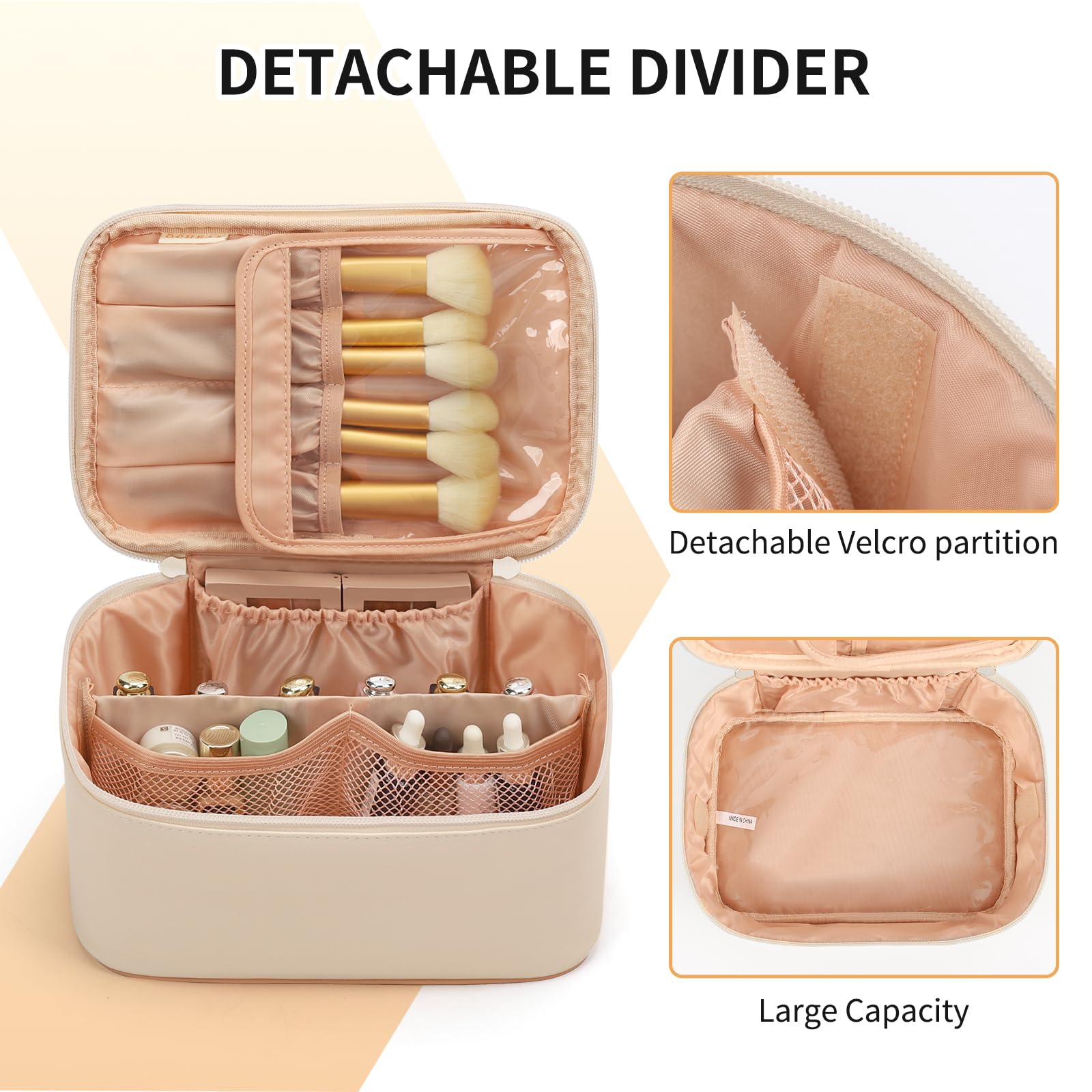 OCHEAL Beige Makeup Bag,Travel Makeup Organizer Bag, Large Capacity Cosmetic Bags For Women Large Travel Toiletry Bag Girls Traveling With Brush Slot And Divider-White