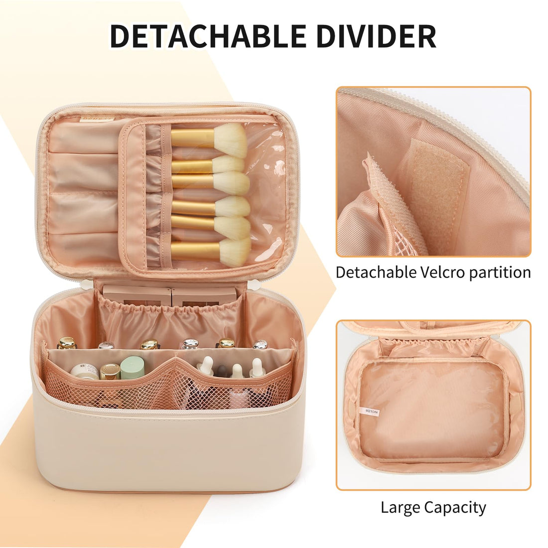 OCHEAL Beige Makeup Bag,Travel Makeup Organizer Bag, Large Capacity Cosmetic Bags For Women Large Travel Toiletry Bag Girls Traveling With Brush Slot And Divider-White