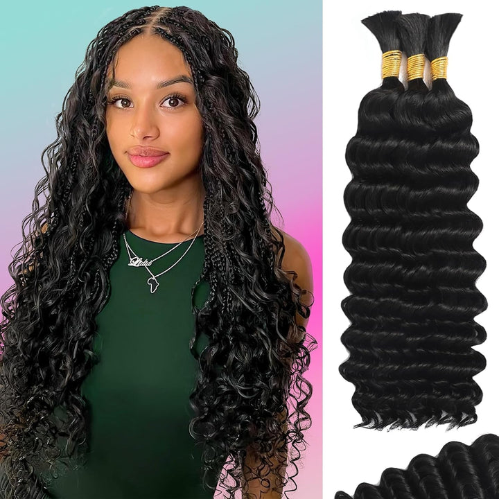 Human Braiding Hair for Boho Braids Human Hair 110g 14 Inch Curly Boho Hair for Braiding Knotless 12A Deep Wave Bohemian 3 Bundles/Pack Natural Color