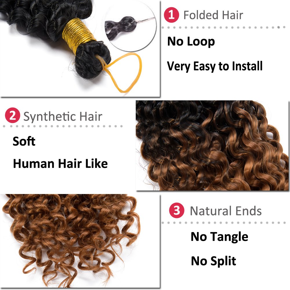 Afro Water Wave Crochet Hair Braids 14 Inch Ombre Marlybob Kinky Curly Synthetic Hair Bundles Extensions Jerry Curl Twist Hair Weave for Black Women 3 Bundles/Pack 2 Tones Black to Dark Blonde