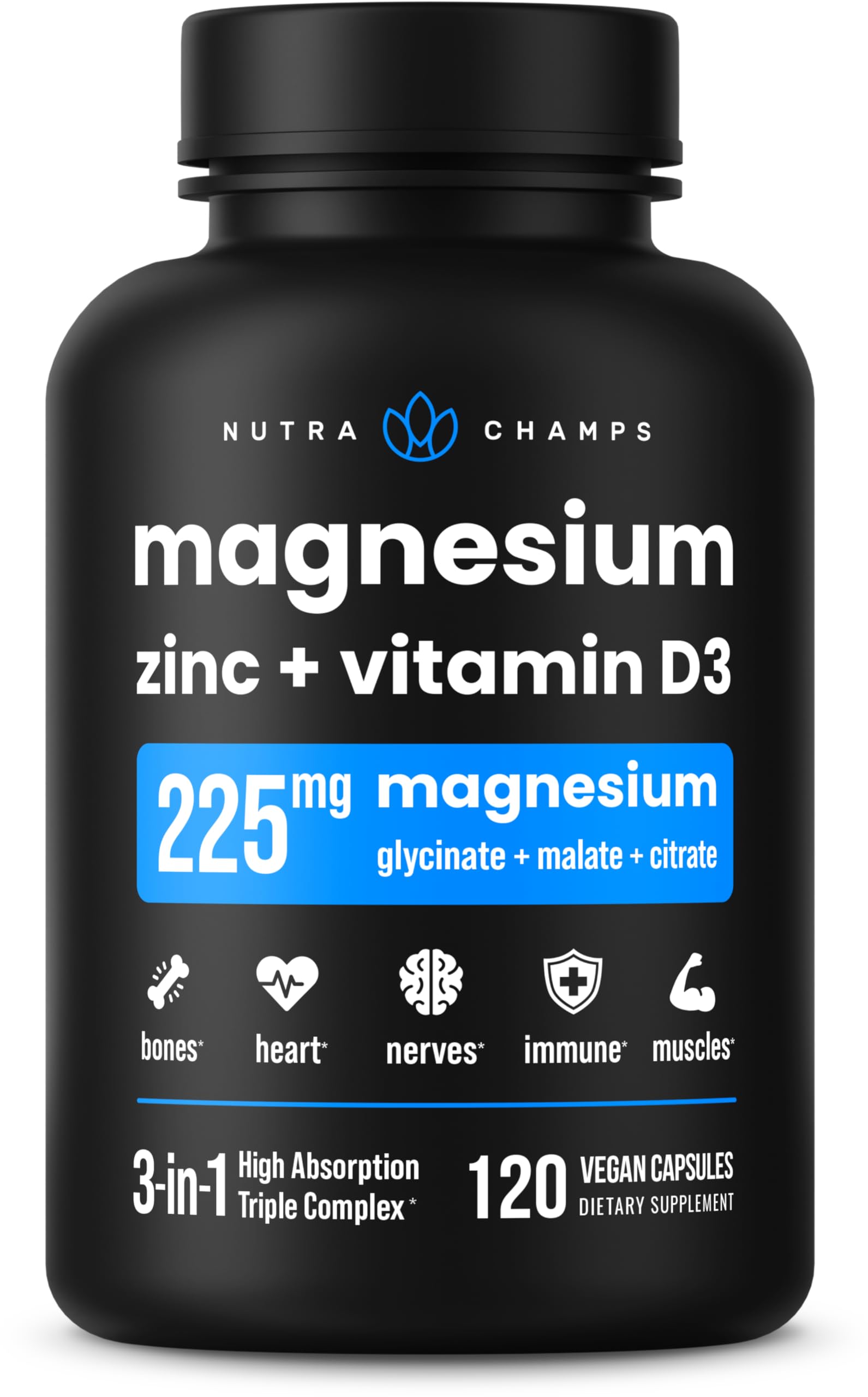 NutraChamps Magnesium Zinc & Vitamin D3 Supplement - Most Bioavailable Forms; Magnesium Glycinate, Malate, Citrate - Bone, Muscle & Heart Health, Immune Support - 120 Vegan Capsules