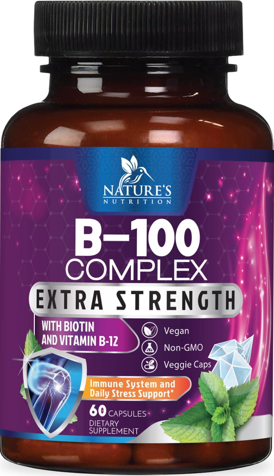 B Complex Vitamins Capsules with Vitamins B6 B12 B100 C Biotin Folate & Folic Acid - Supplement for Heart, Brain, & Nerve Support - Super Complete B-Complex for Immune & Energy Support - 60 Capsules
