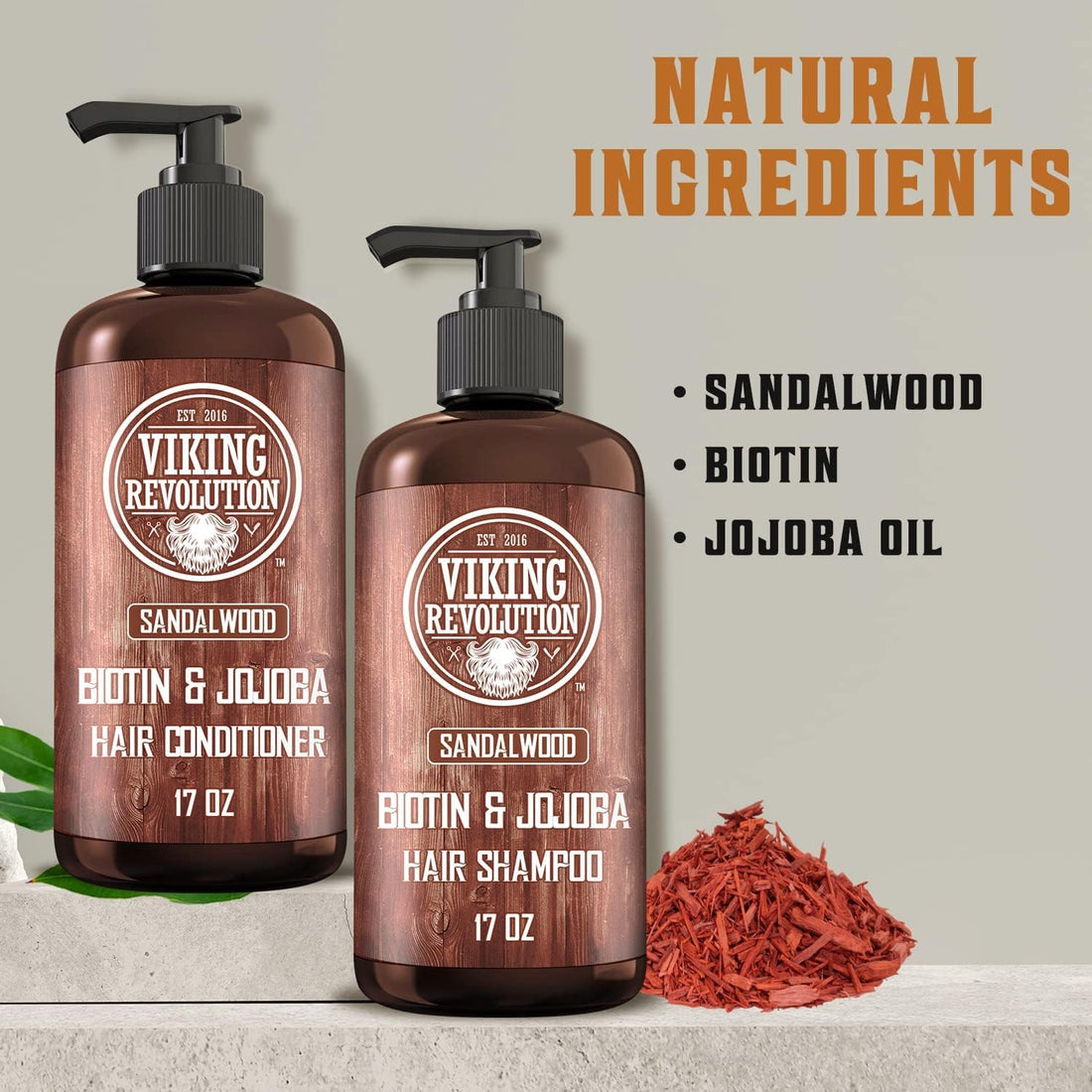 Viking Revolution Sandalwood Shampoo and Conditioner Set with Biotin and Jojoba Oil - Natural Hair Shampoo and Hair Conditioner for Men with Vitamin B5 (17 Oz)