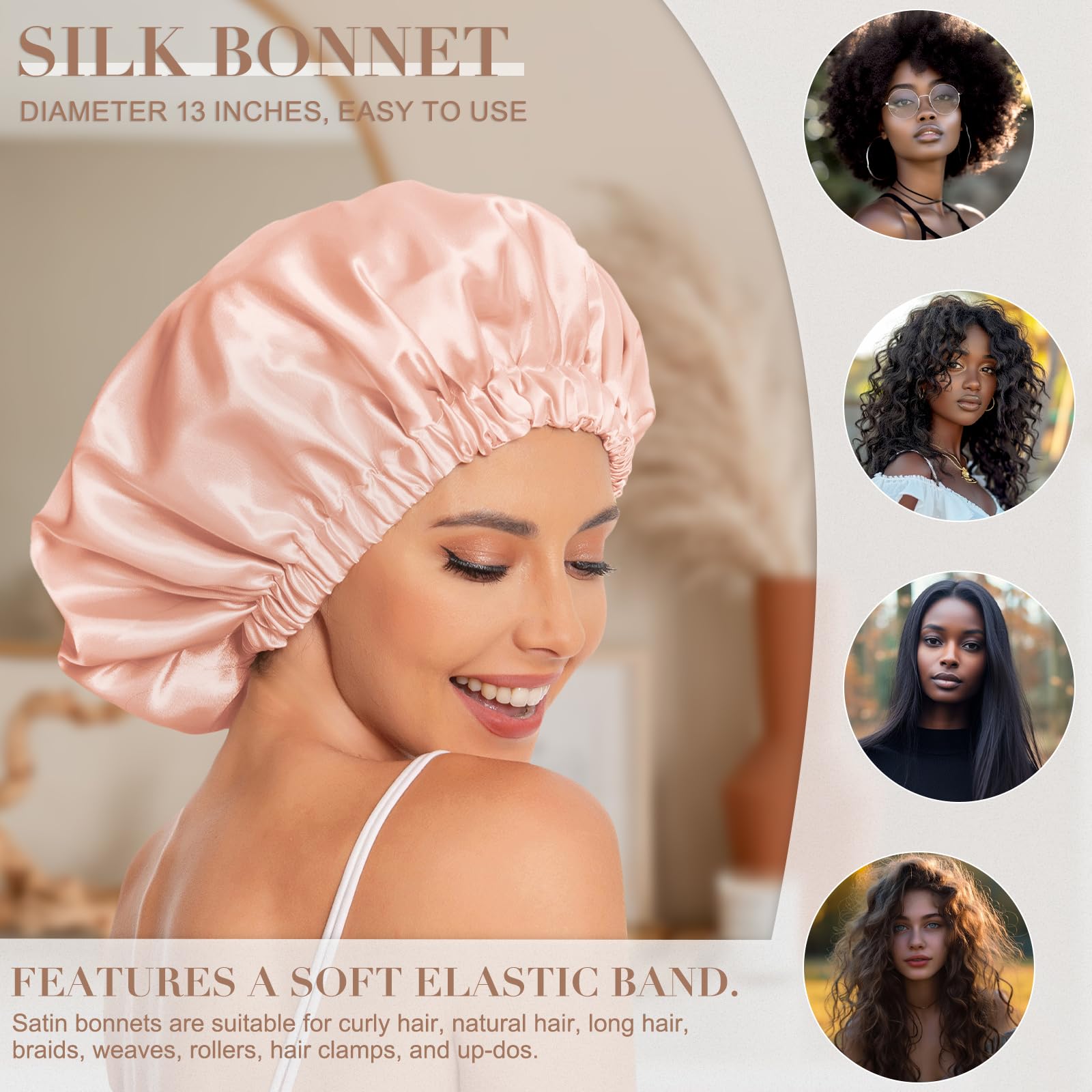 Satin Bonnet Silk Bonnet Hair Bonnet for Sleeping-Slouchy Beanie Hat Satin Sleep Cap for Women's Natural & Curly Hair(Peach Beige)