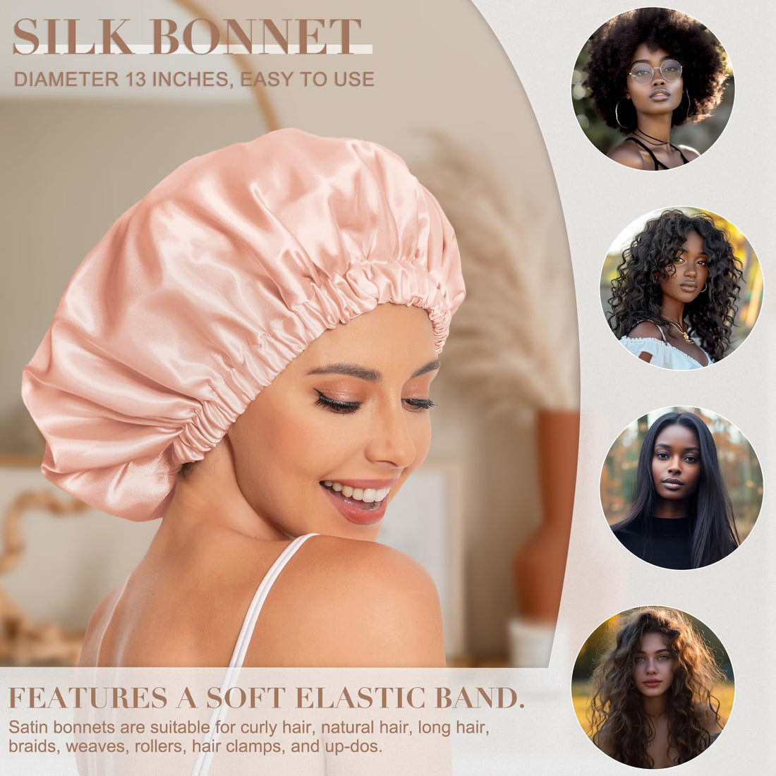 Satin Bonnet Silk Bonnet Hair Bonnet for Sleeping-Slouchy Beanie Hat Satin Sleep Cap for Women's Natural & Curly Hair(Peach Beige)