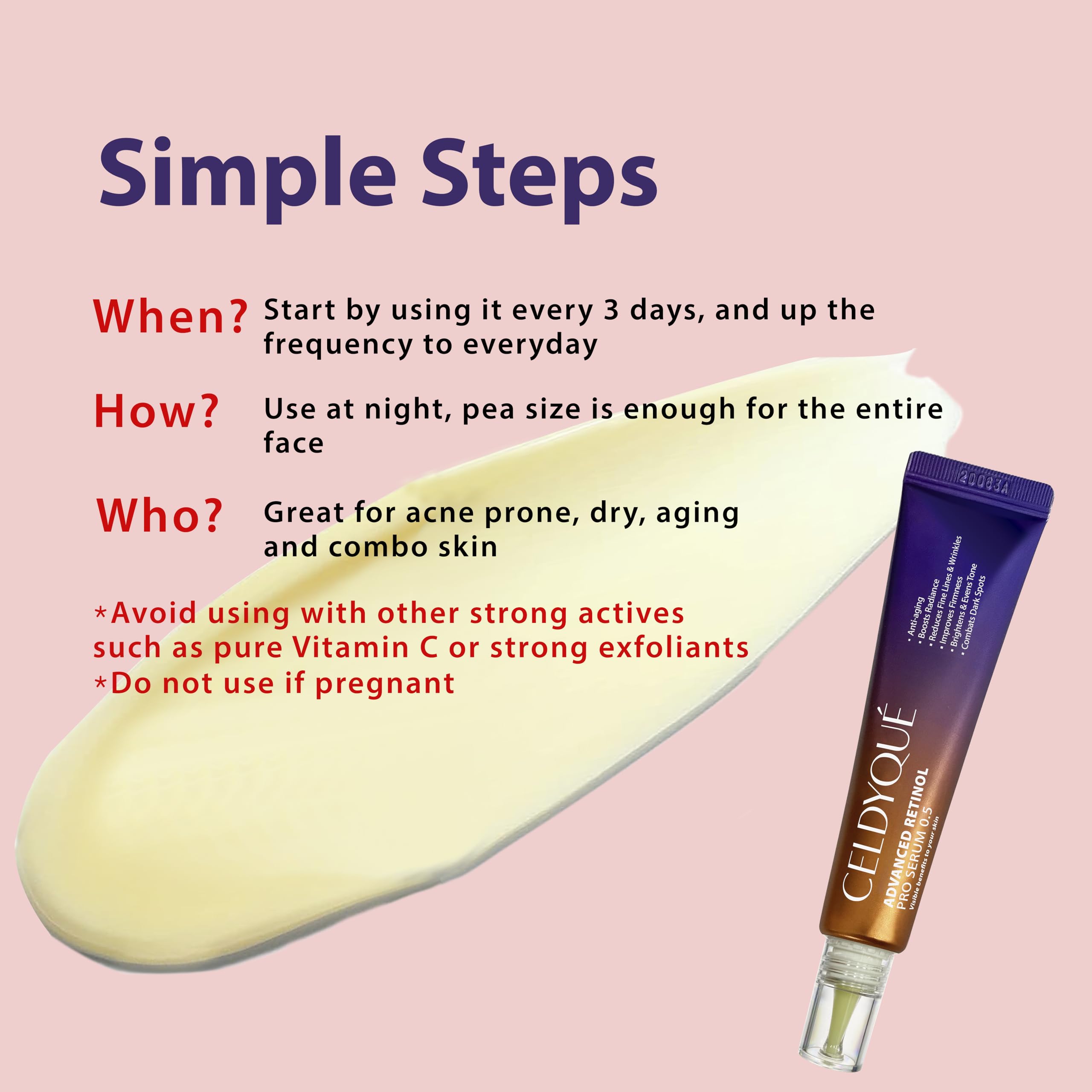 CELDYQUE Advanced Retinol Pro Serum 0.5 w/Centella Asiatica 66% Anti-Aging Radiance-Boosting & Skin-Smoothing Cream w/Retinal Complex, Niacinamide & Hyaluronic Acid Korean Skincare