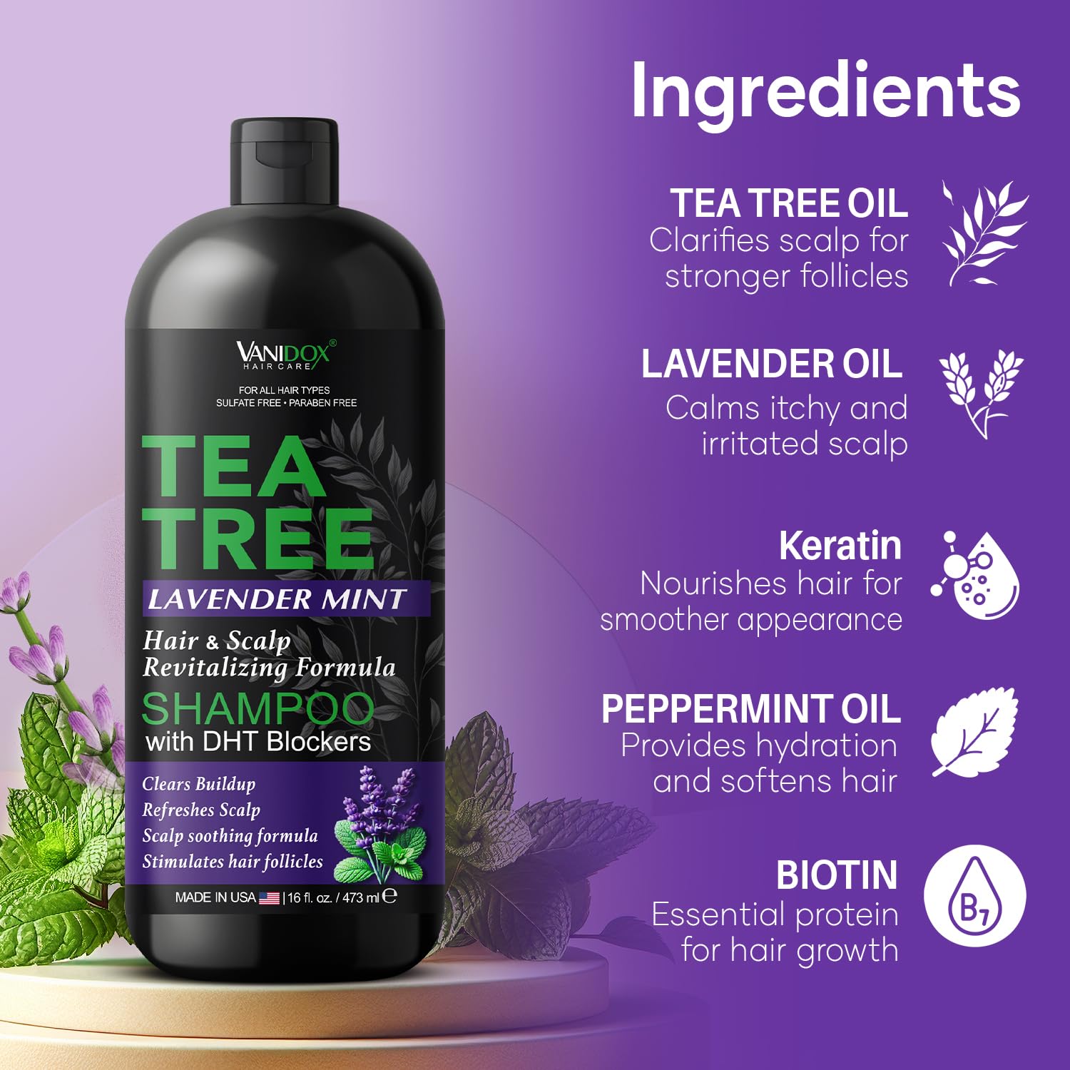 VANIDOX Tea Tree Lavender Mint Shampoo with 100% Pure Tea Tree Oil for Itchy, Dry Scalp - Deep Moisturizing & Cleansing - Sulfate & Paraben Free - Made in USA - 16 fl oz