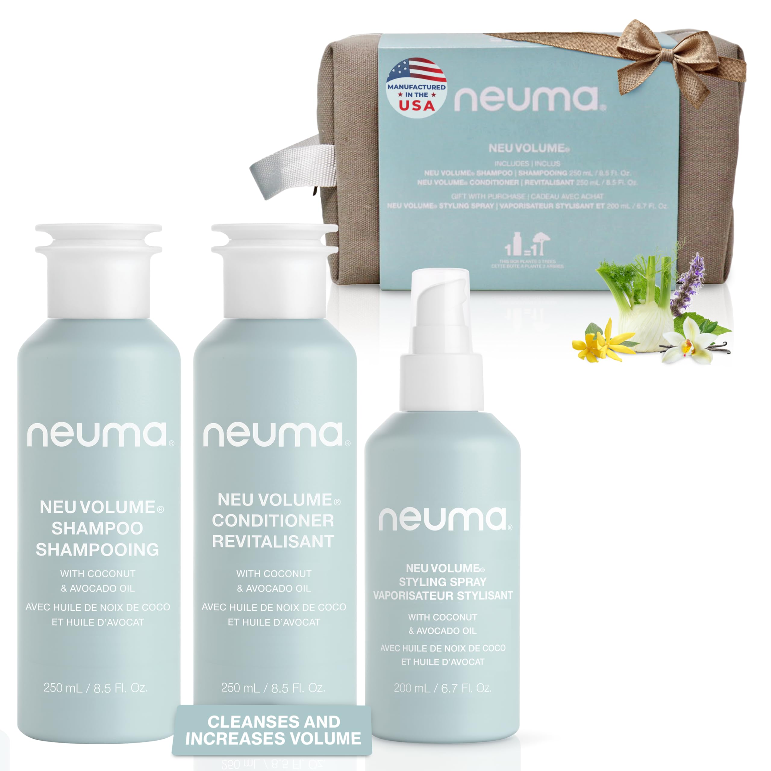 NEUMA Neu Volume Holiday Gift Set — Neu Volume Shampoo (8.5 Fl. Oz.), Volume Conditioner (8.5 Fl. Oz.), and Styling Volume Hair Spray (6.7 Fl. Oz.) — Fennel, Ylang Ylang, Patchouli and Vanilla Scent