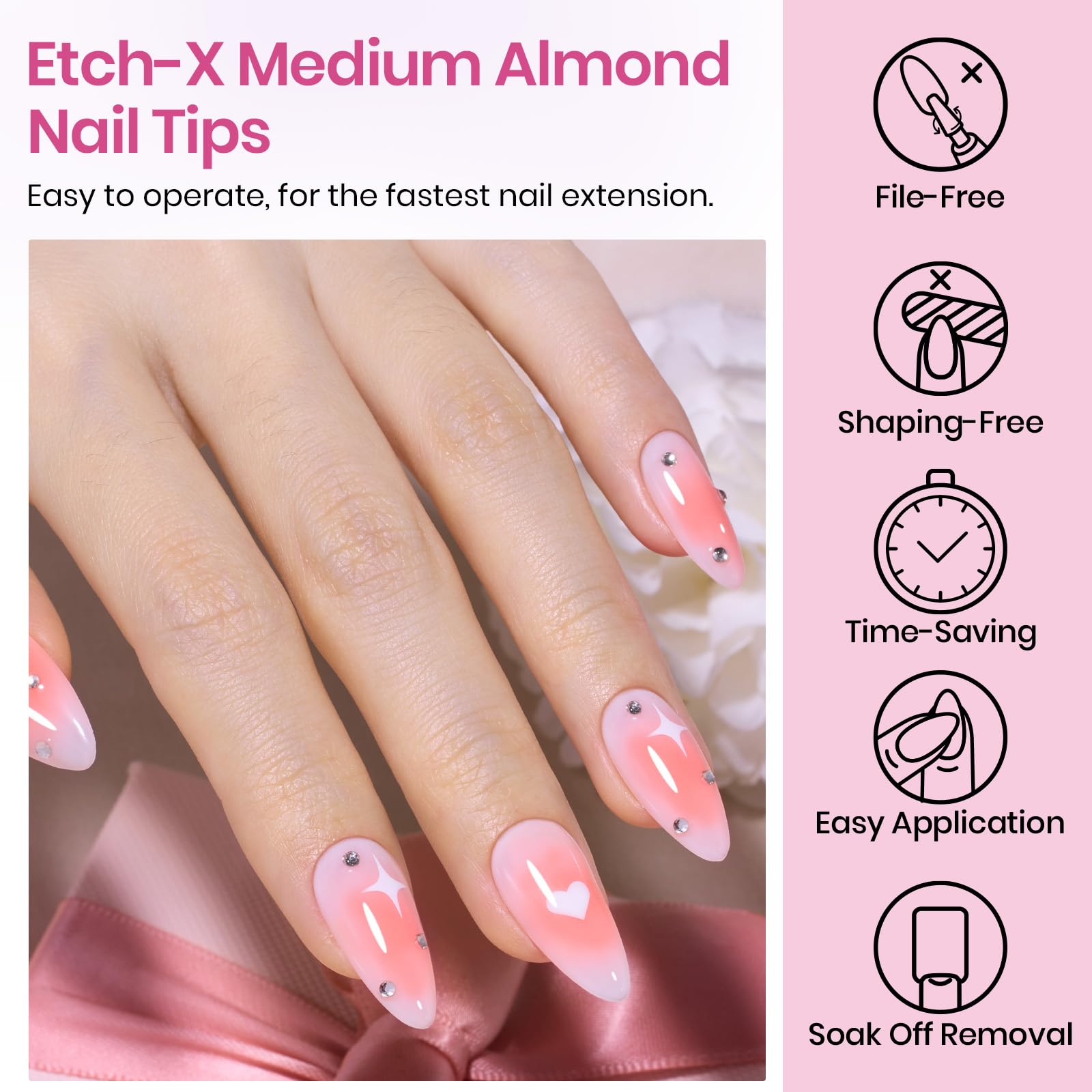 Beetles Medium Almond Nail Tips 576pcs 12 Sizes, Pre-Etched Soft Gel Nail Tips Half Matte Full Cover False Nail Tips Clear Acrylic Nails Glue on Nails DIY Nail Extension Gift for Women