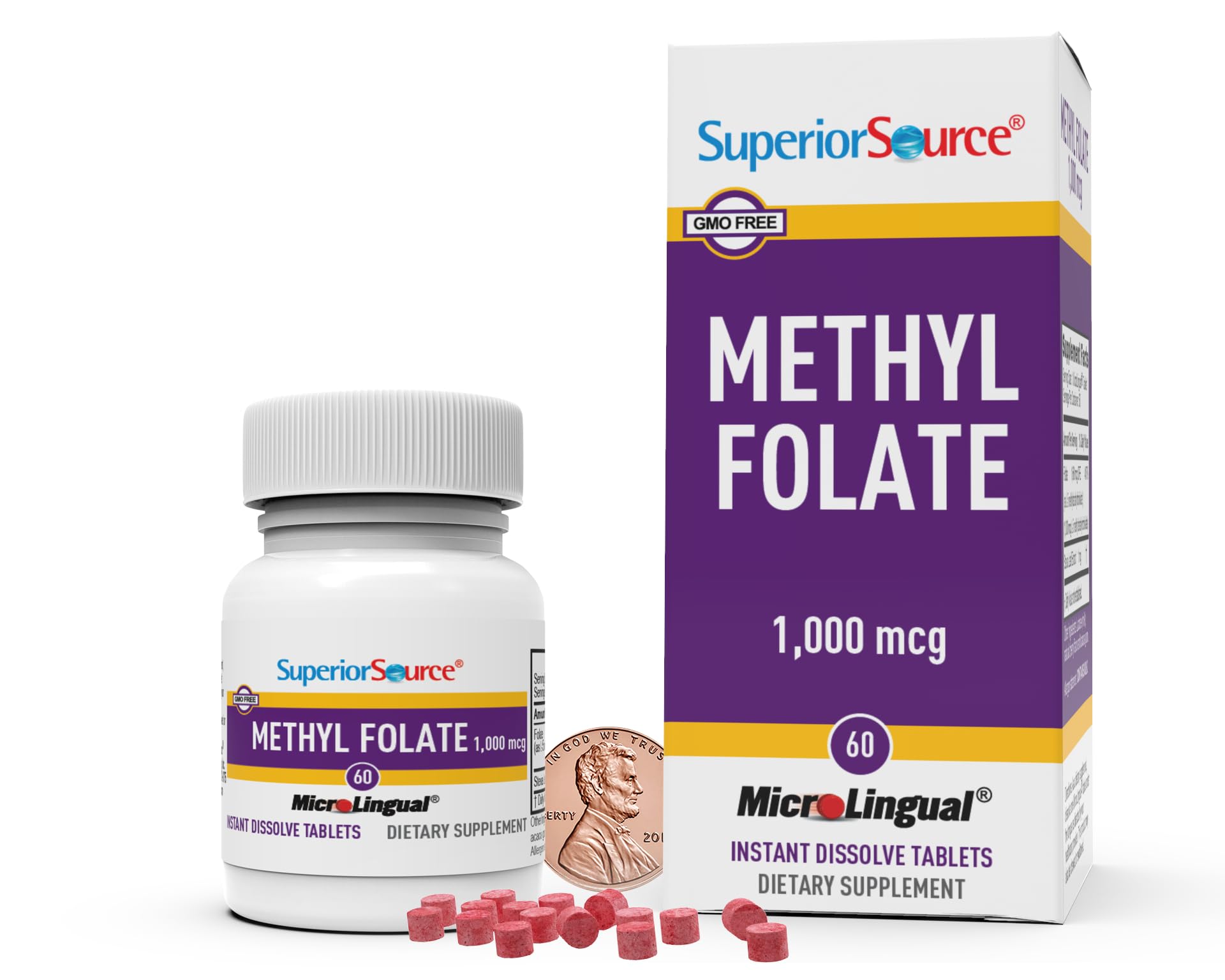 Superior Source Methylfolate 5-MTHF 1000 mcg, Quick Dissolve MicroLignual Tablets, 60 Ct, Biologically Active Form of Folate, Cardiovascular Health, Energy Metabolism & Prenatal Development, Non-GMO