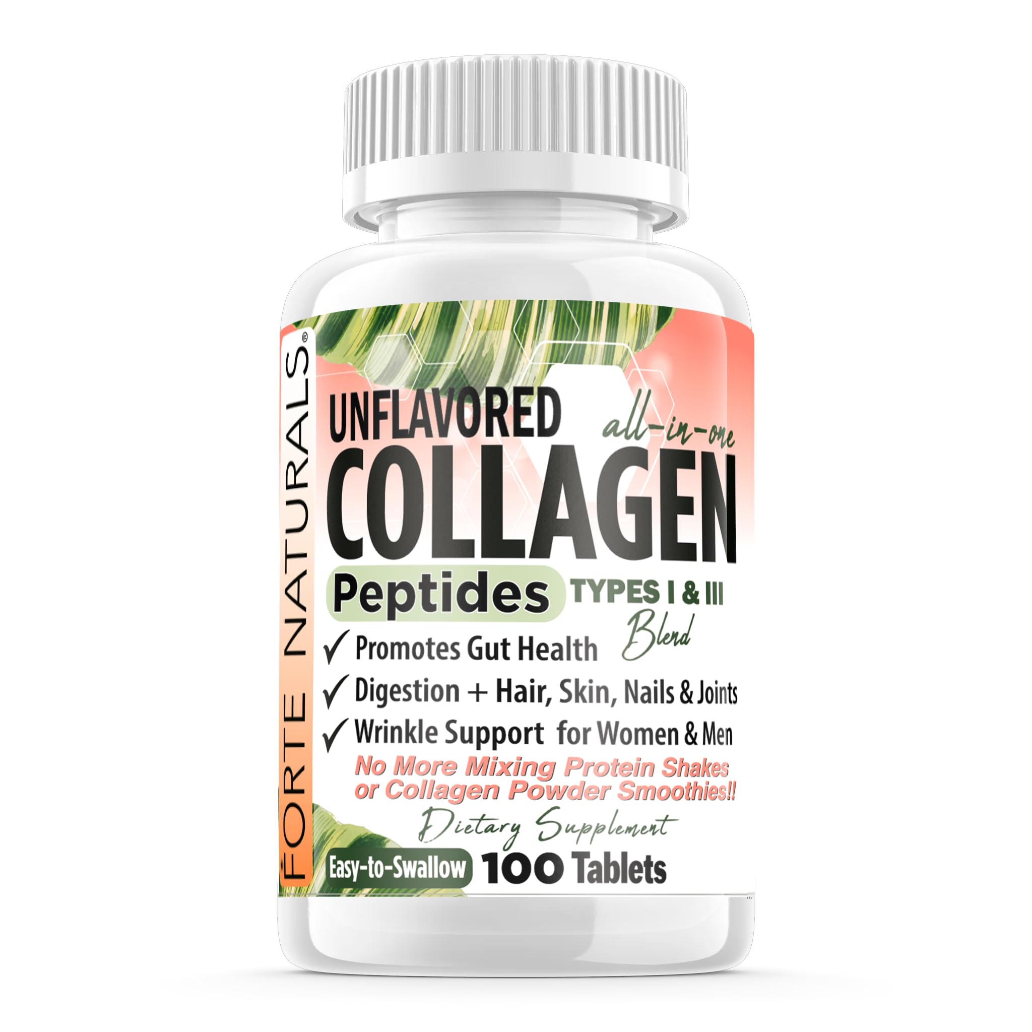 FORTE NATURALS Collagen Peptide Pills 100 Tablets Protein Supplements NO More Mixing Powder Shakes Easy to Swallow Collagen Peptides Powder Pills Protein Capsules Keto