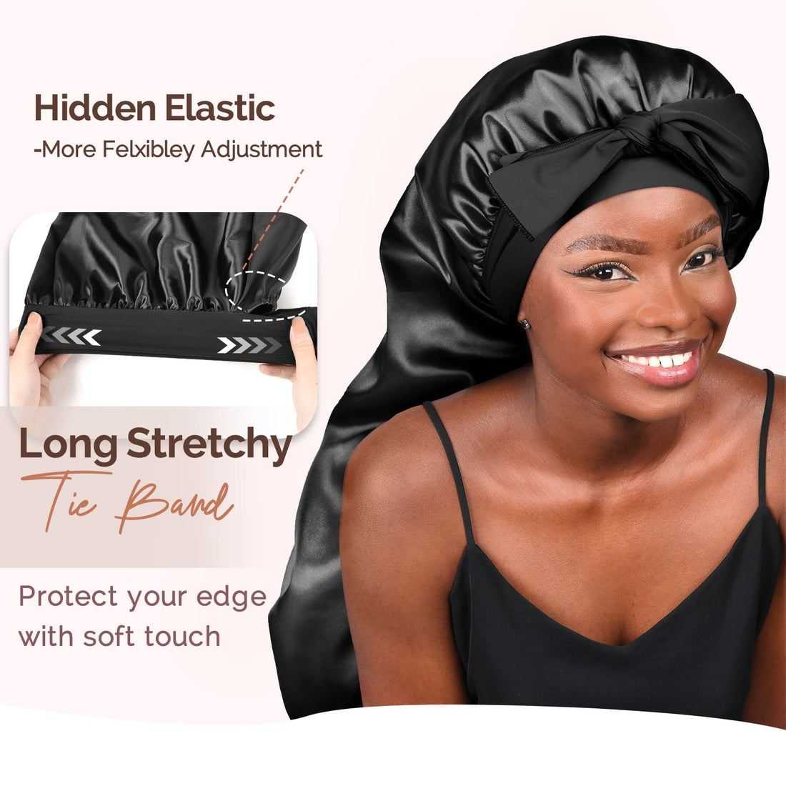 YANIBEST Long Bonnet Satin Bonnet for Sleeping Braid Bonnet with Tie Band Silk Sleep Bonnet for Women Locs Black