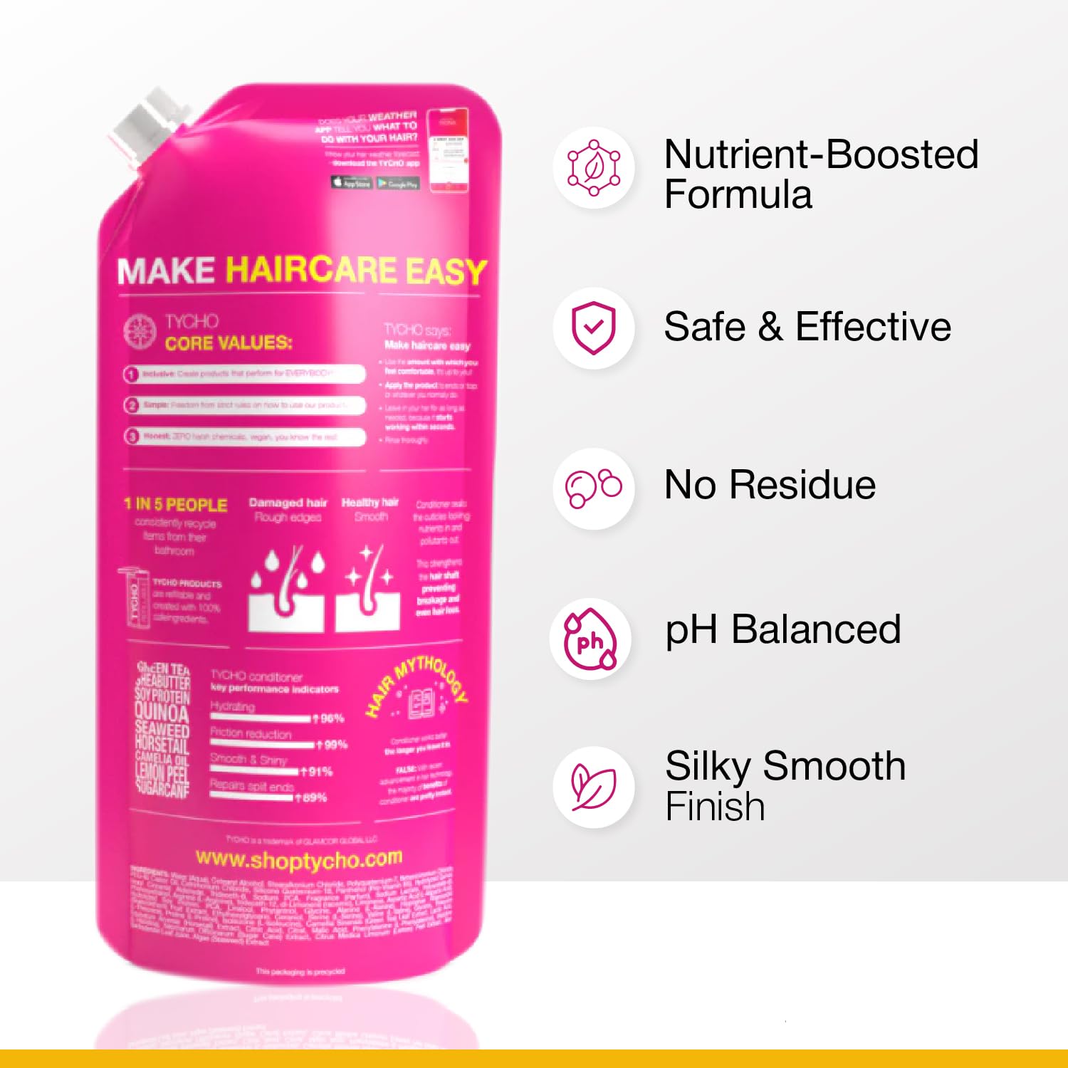 TYCHO Conditioner Refill Pouch 450ml (15.22 fl oz) - Hair Conditioner for Damaged Dry Hair Ideal for Refillable Shampoo & Conditioner Systems | Conditioner for Dry Hair, PH Balanced & Shine