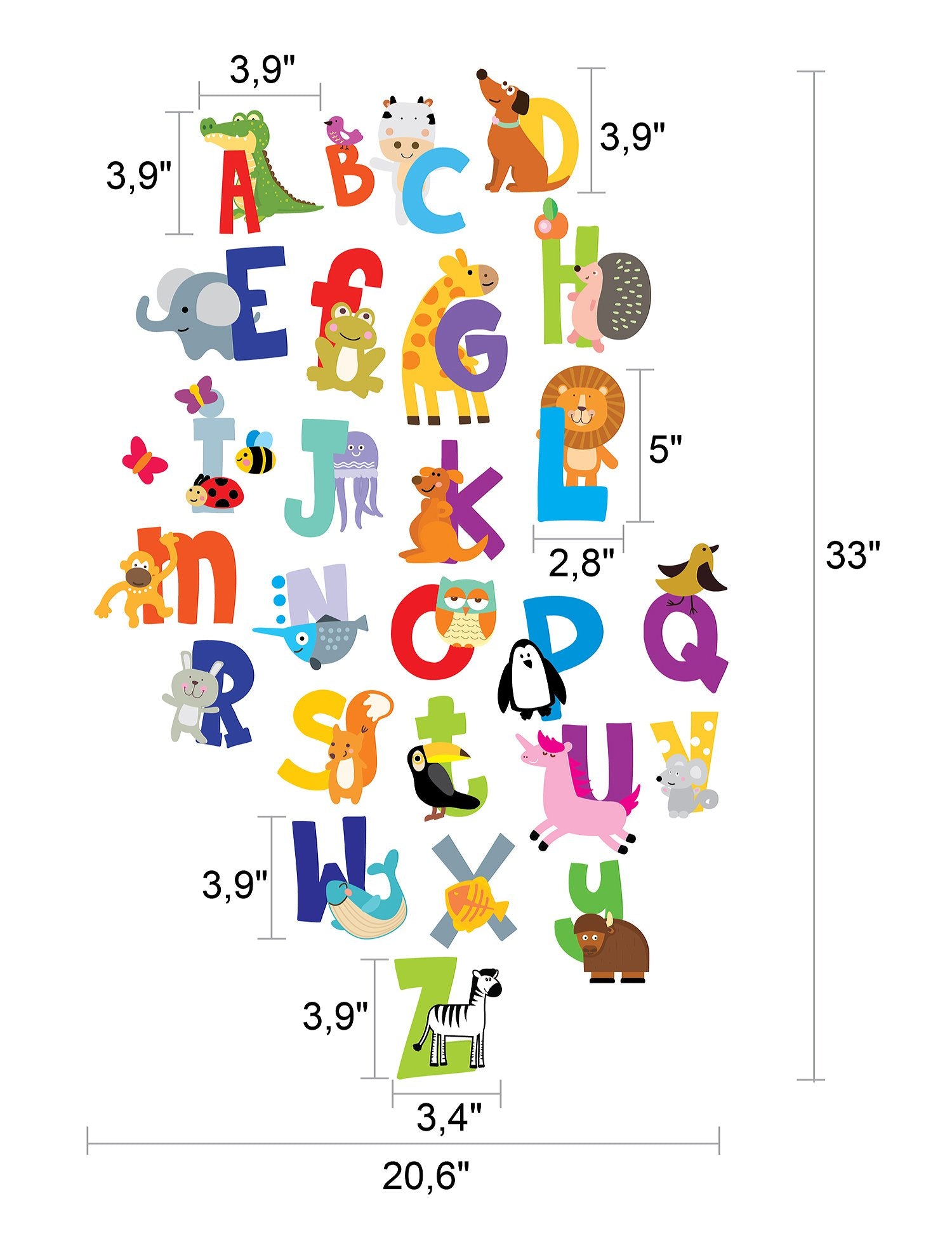 ABC Wall Decals - Alphabet Educational Animal Stickers - Classroom Decor - Playroom Decals for Wall - Animal Letters to Stick Kindergarden - Bedroom Stickers Kids ABC Lettering - [Gift Included]!