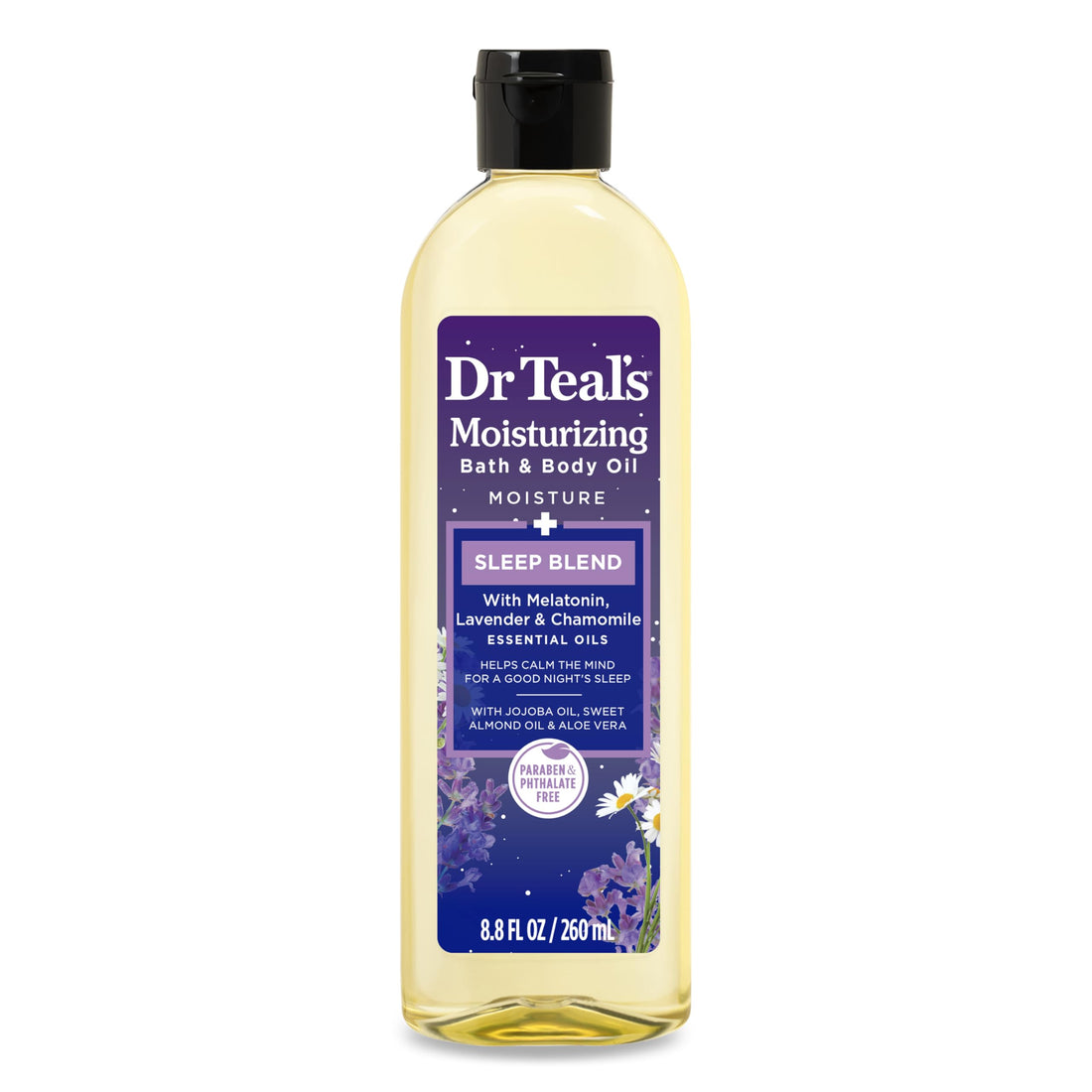 Dr Teal's Moisturizing Bath & Body Oil, Sleep Blend with Melatonin, Lavender & Chamomile Essential Oils, 8.8 fl oz.